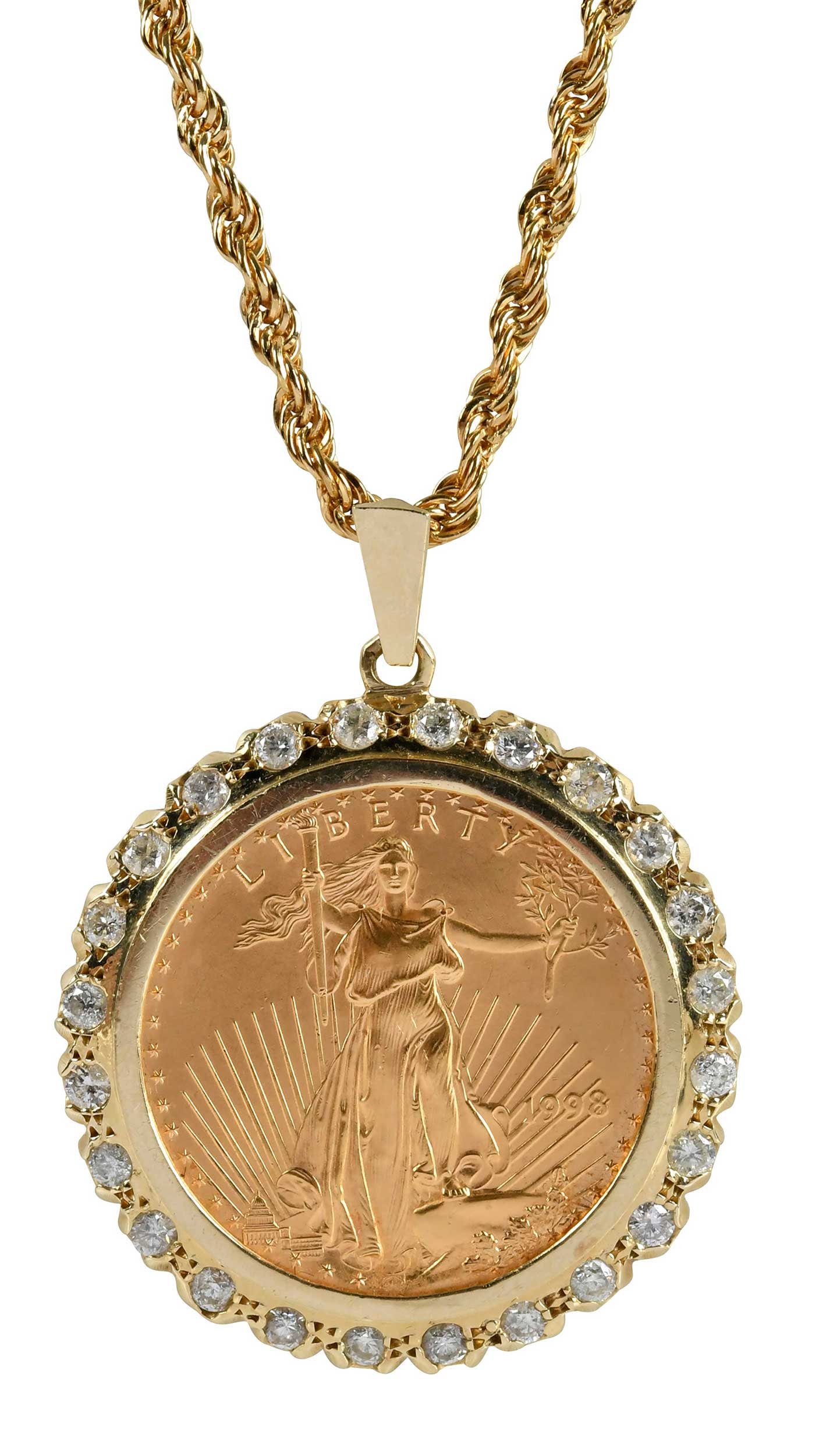 American Gold Eagle Coin with Diamond Bezel on Chain: 1oz. fine gold - 50 dollars, dated 1998, 24 round faceted diamonds, approx. 2.25ctw., mounting tests 14kt. yellow gold, 2 in. length with bail; rope chain, marked "18K, ITALY", yellow gold, 24 in. len