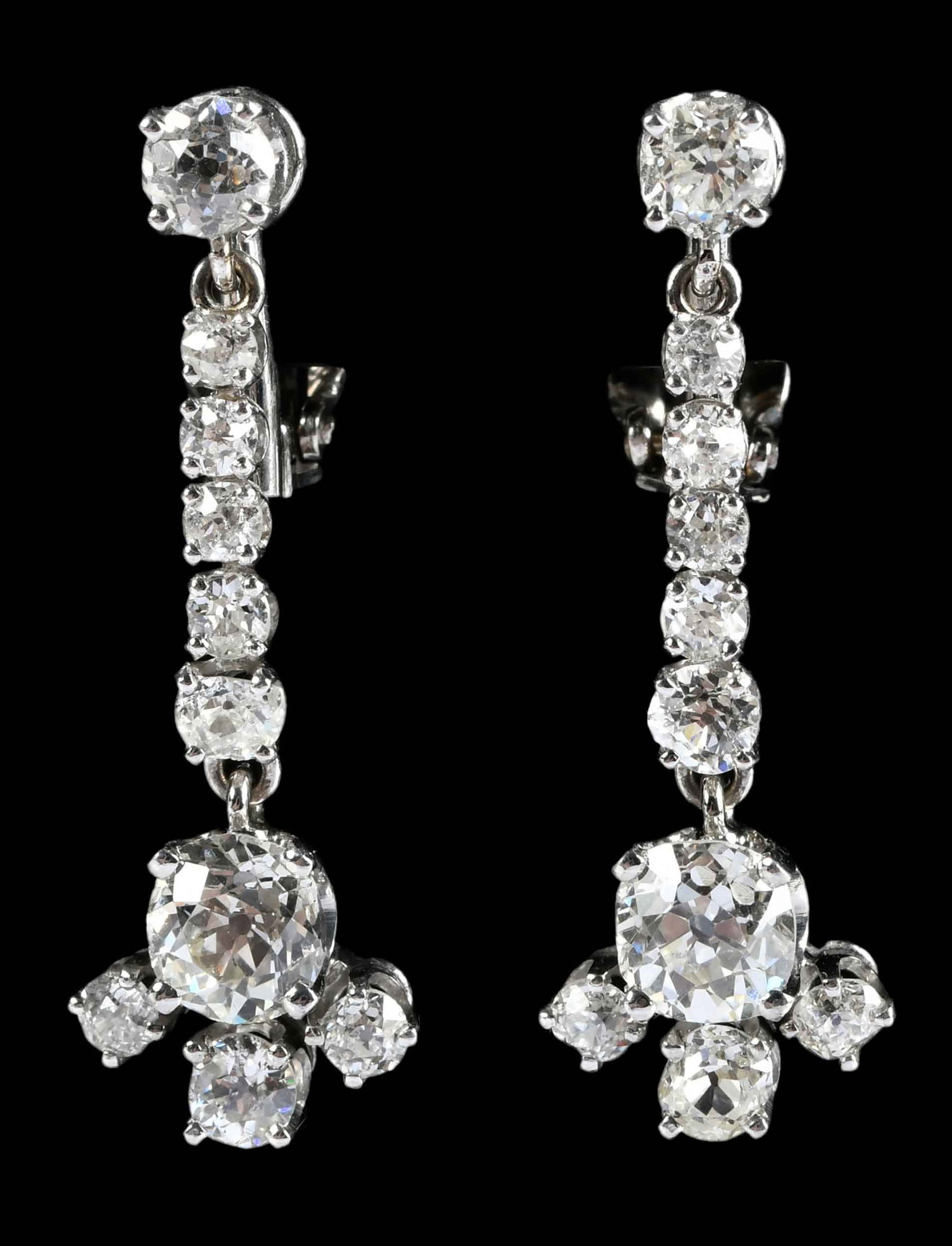 14kt. Old Mine Cut Diamond Drop Earrings - GIA: two central old Mine cut diamonds, approx. 1.80ctw., VS-SI, J-K, 18 old Mine cut diamonds, approx. 1.20ctw., SI, F-J, GIA # AOKVW, marked "14K", white gold, 1-1/4 in. length, 8.4 g Provenance: Private