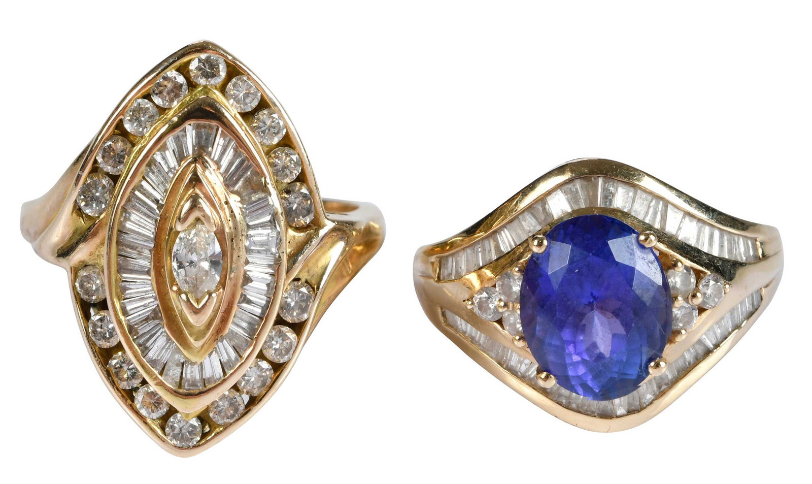 Two 14kt. Fashion Rings, Tanzanite and Diamonds: center modified oval faceted tanzanite, approx. 4.00ct., straight and tapered baguette cut diamonds, round faceted cut diamonds, marked "14K", yellow gold, 8-3/4 ring sz., 6.7 g; center marquise cut d
