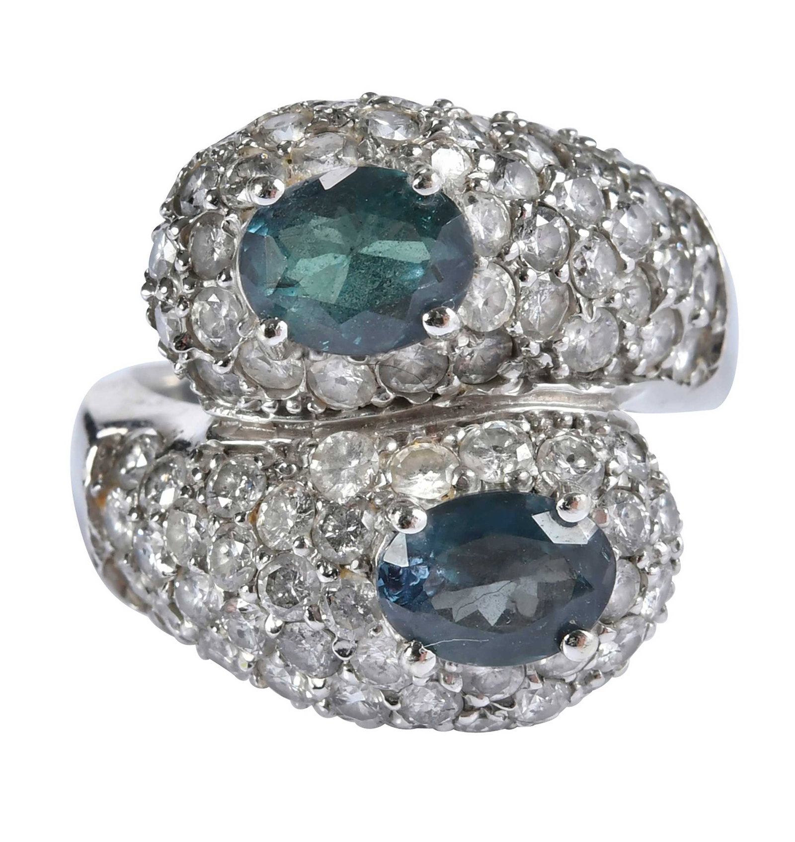 18kt. Alexandrite Bypass Diamond Ring - GIA: two oval faceted alexandrites, approx. 2.90ctw., GIA # 6233923276, pave set round faceted diamonds, approx. 3.50ctw., SI- I1, H-I, marked "14K", white gold, 7-3/4 ring sz., 11.1 g Provenance: Private 
