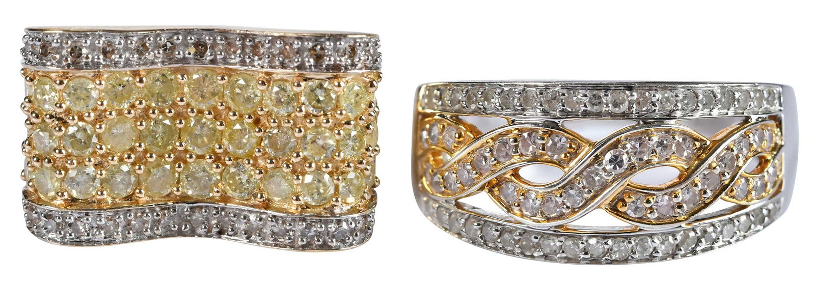 Two 14kt. Diamond Fashion Rings: twisted design band, full cut round faceted diamonds, SI-I, H-J, marked "14k", yellow and white gold, 8 ring sz., 10.0mm at widest, 4.8 g; bow style, full cut round faceted diamonds, light fancy yello