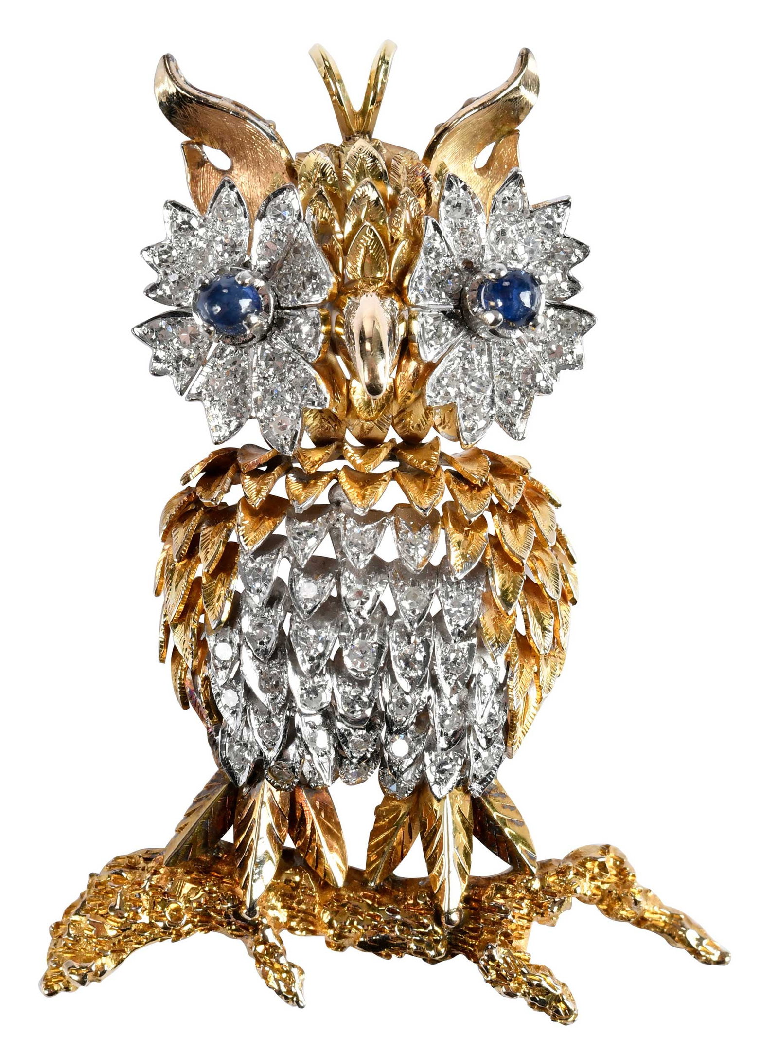 14kt. Vintage Diamond and Blue Sapphire Large Owl Pendant: circa 1960, 44 round single cut diamonds, approx. 1.25ctw., two round cabochon cut blue sapphires, tests 14kt. yellow and white gold, 2-3/8 in. length, 1-3/4 in. width, 25.2 g Provenance: Private Coll