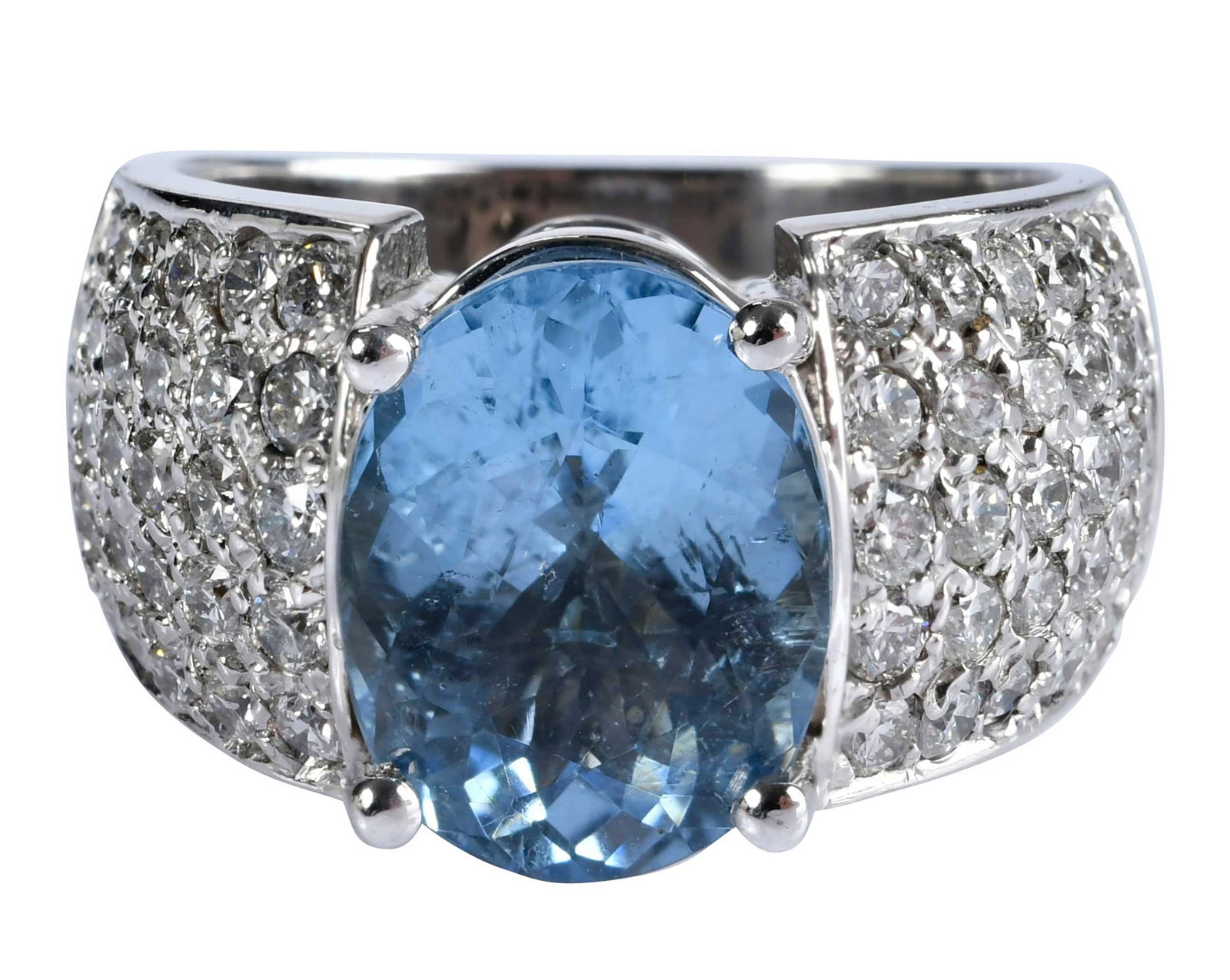 14kt. Light Blue Tourmaline and Diamond Pave Ring: oval Portuguese faceted light blue tourmaline, approx. 5.50ct., round faceted diamonds, approx. 1.80ctw., marked "14k", white gold, 9 ring sz., 15.8 g Provenance: Private Collection, Virginia Beach No