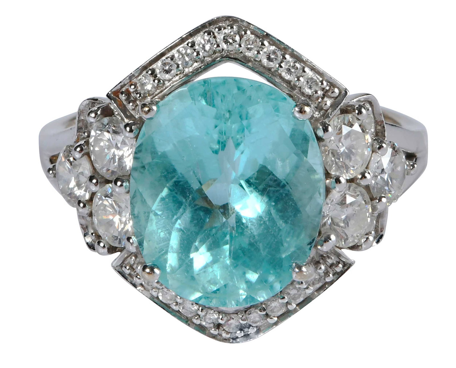 18kt. Paraiba Type Tourmaline and Diamond Fashion Ring - GAL - GIA: center oval checkerboard faceted Mozambique Paraiba type tourmaline, approx. 12.20 x 10.14 x 6.89mm, approx. 4.62ct., GIA # 2235922643, 28 round faceted diamonds, approx. 1.00ctw., marked "18K", white