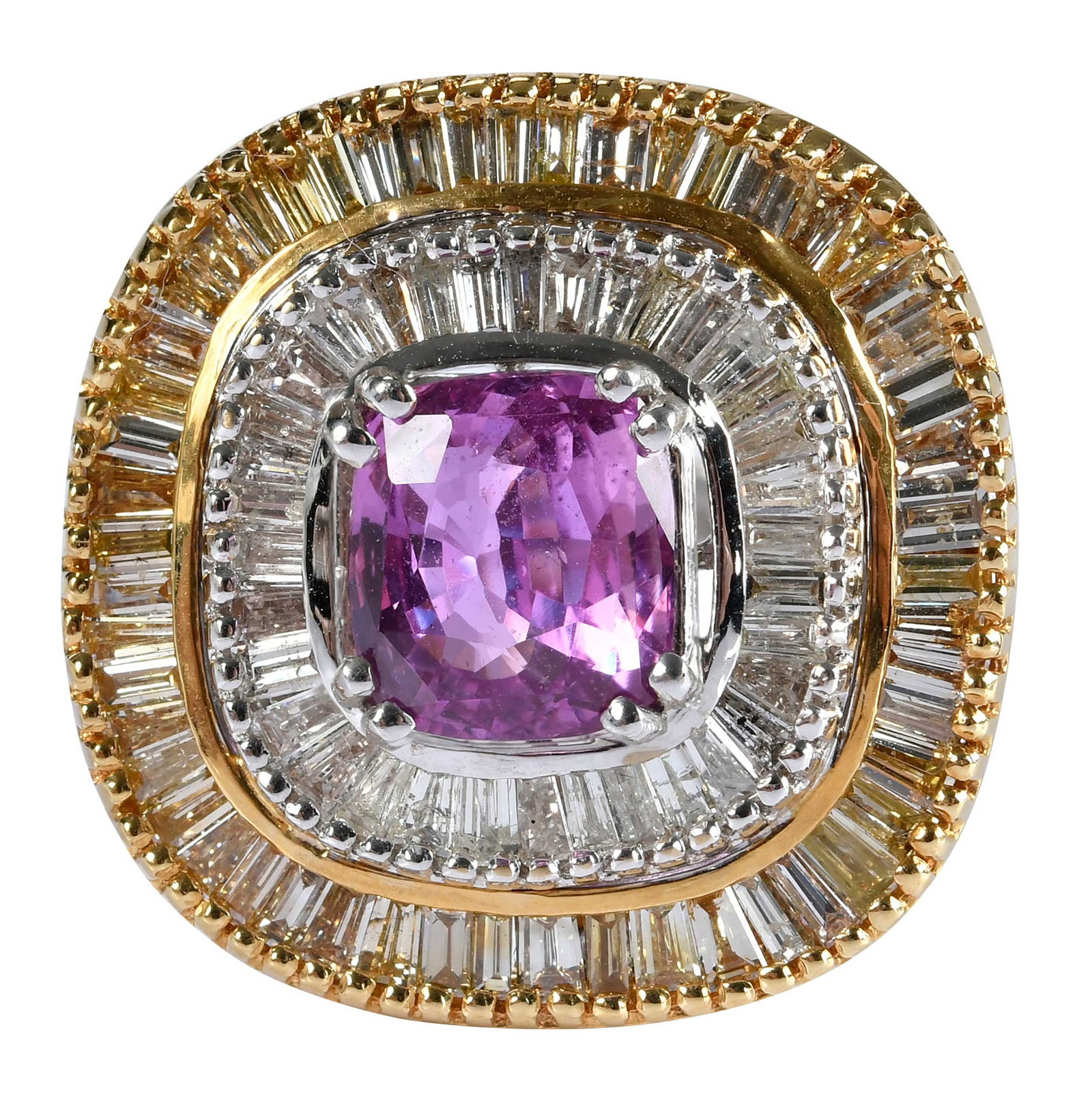 18kt. Double Halo Pink Sapphire Cocktail Ring: modified cushion cut pink sapphire, approx. 2.50ct., 36 tapered and straight baguette cut diamonds, G-H, 52 tapered and straight baguette cut yellow diamonds, approx. 2.70ctw., two round faceted accen