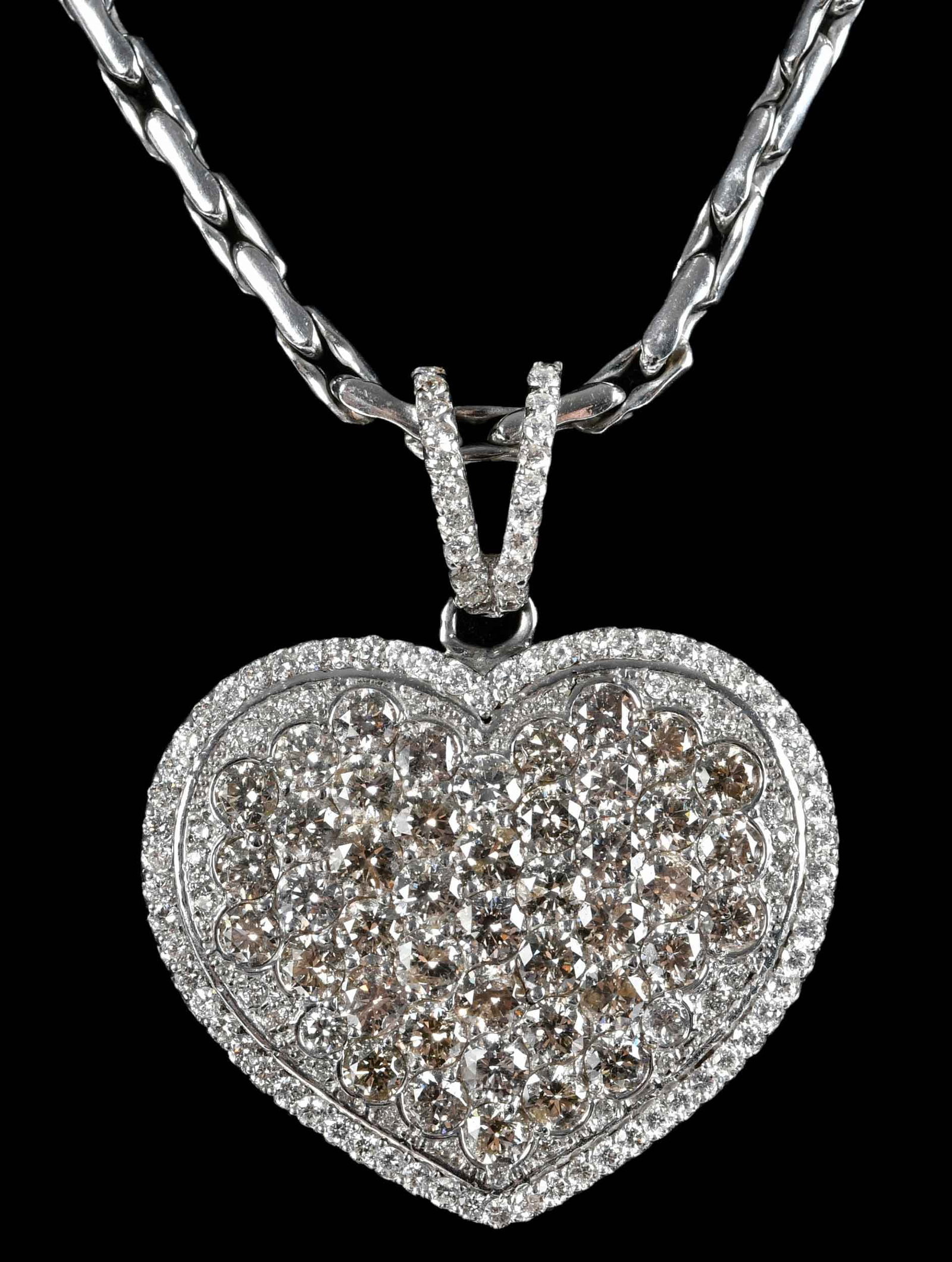 14kt. Diamond Cluster Heart Pendant on Chain: 158 round faceted diamonds, approx. 7.70ctw., SI-I, K-M, marked "14K", white gold, 1-5/8 x 1-3/8 in. overall design; figaro chain, 20 in. length, 2.0mm width, marked "585", white gold, complete weight