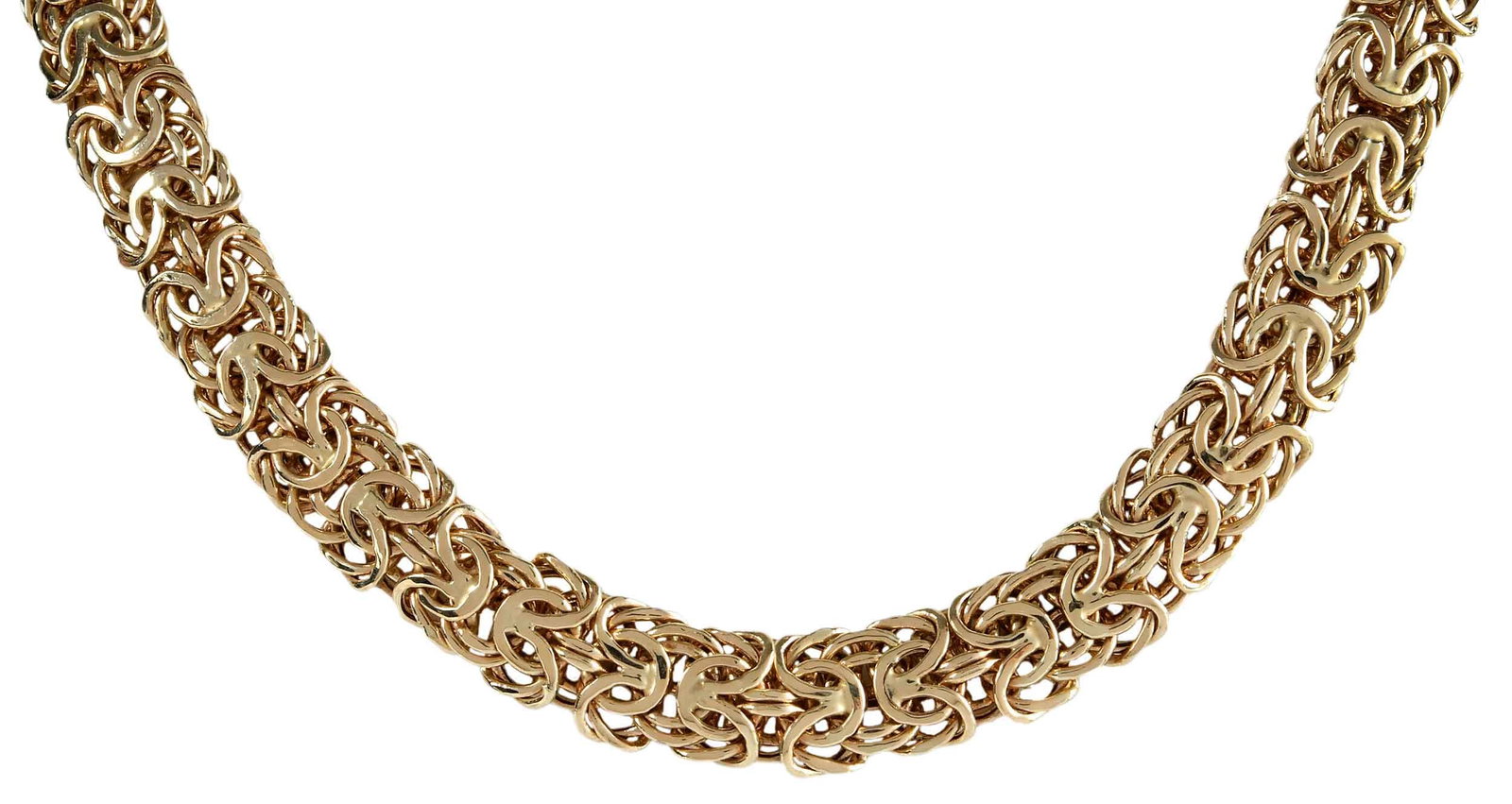 14kt. Wide Byzantine Chain: high polish, 13.0mm wide, marked "14K, TURKEY, AK", yellow gold, 20 in. length, 35.3 g Provenance: Private Collection, Virginia Beach Note: Brunk Auctions does not guarantee the accuracy of metal cont