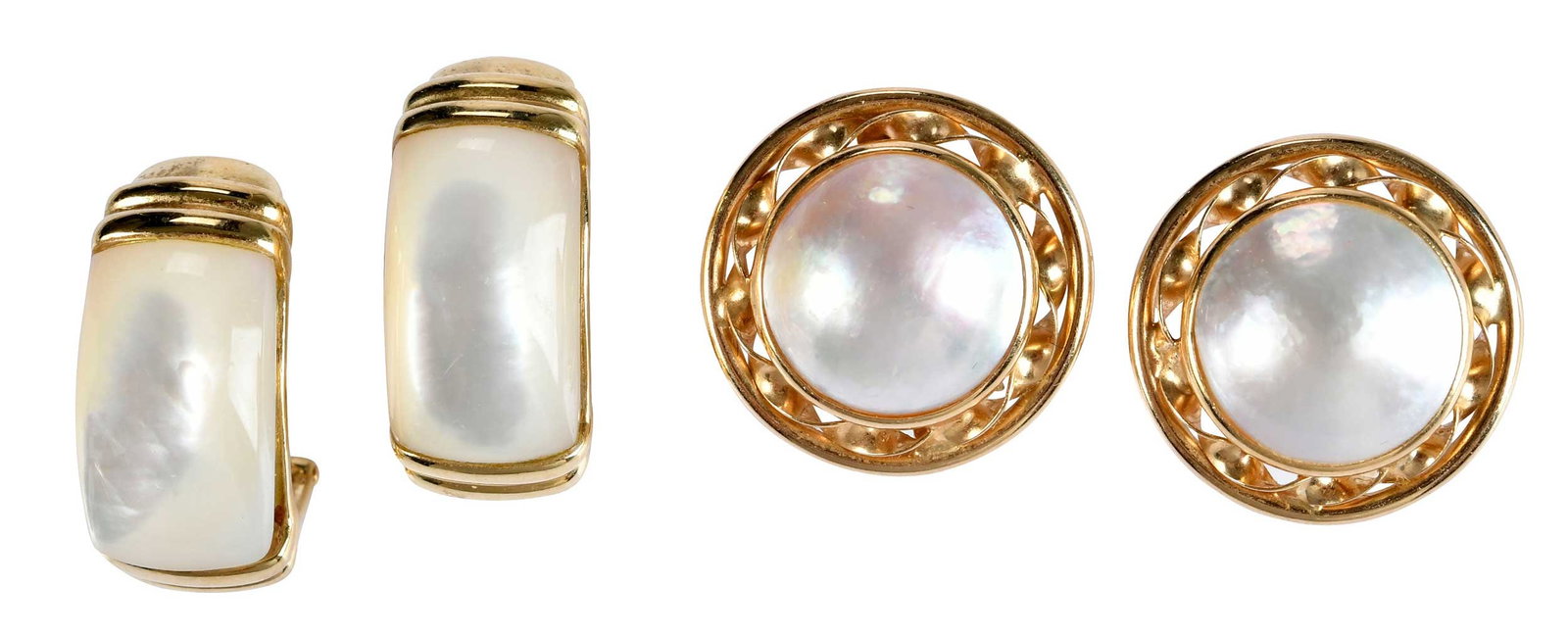 14kt. Mabe Pearl Button Earrings and Mother of Pearl J-Hoop Earrings (1 of 4)
