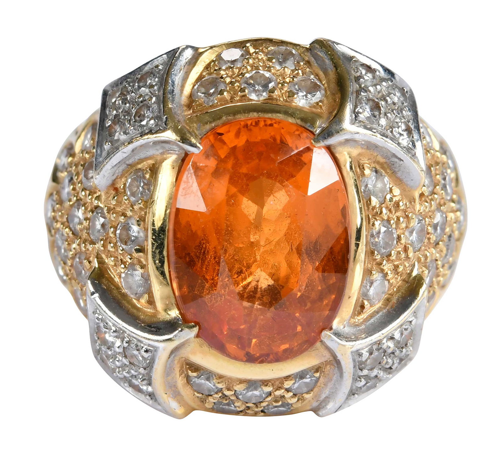 18kt. Spessartite Garnet and Diamond Ring: center oval faceted spessartite garnet, approx. 7.50ct., round faceted diamonds, approx. 2.00ctw., SI, H-I, marked "14K", yellow and white gold, 9-1/4 ring sz., 16.6 g Provenance: Private Collection, 
