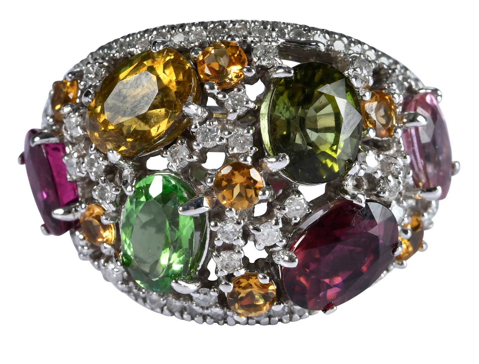 14kt. Multi-Colored Tourmaline and Diamond Bombe Ring: six oval mixed cut tourmaline, accented by seven round faceted yellow tourmalines, approx. 7.50ctw., round faceted diamonds, marked "14k", white gold, 9 ring sz., 19.0mm at widest area, 15.1 g Provena