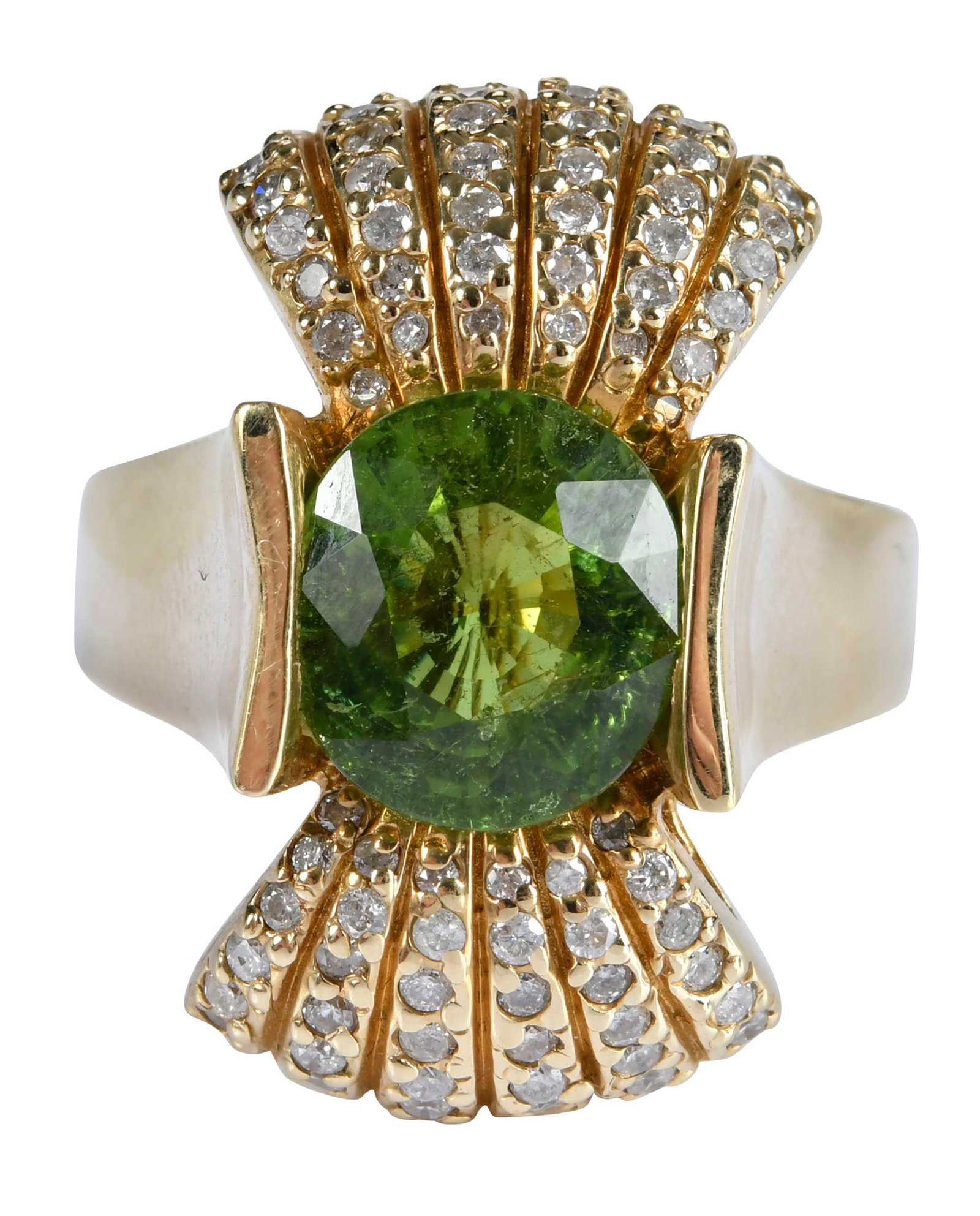 14kt. Green Tourmaline Cathedral Diamond Ring: center modified oval faceted Mozambique tourmaline, approx. 11.28 x 10.59 x 6.50mm, approx. 4.80ct., 72 round faceted diamonds, approx. 0.85ctw., SI-I, H-I, marked "14K", yellow gold, 11 ring sz., 19.