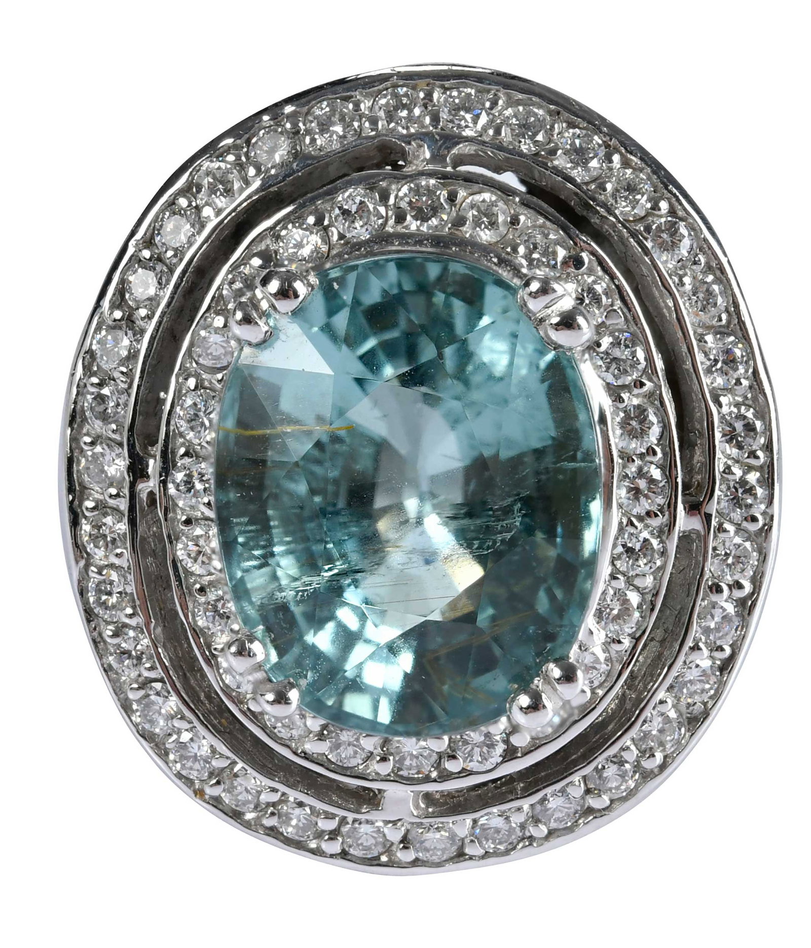 14kt. Paraiba Like Tourmaline with Double Diamond Halo Ring: center oval faceted tourmaline, approx. 8.25ct., 58 round faceted diamonds, approx. 1.00ctw., VS-SI, G-H, marked "14K", white gold, 8 ring sz., 15.4 g Provenance: Private Collection, Virginia Beach No