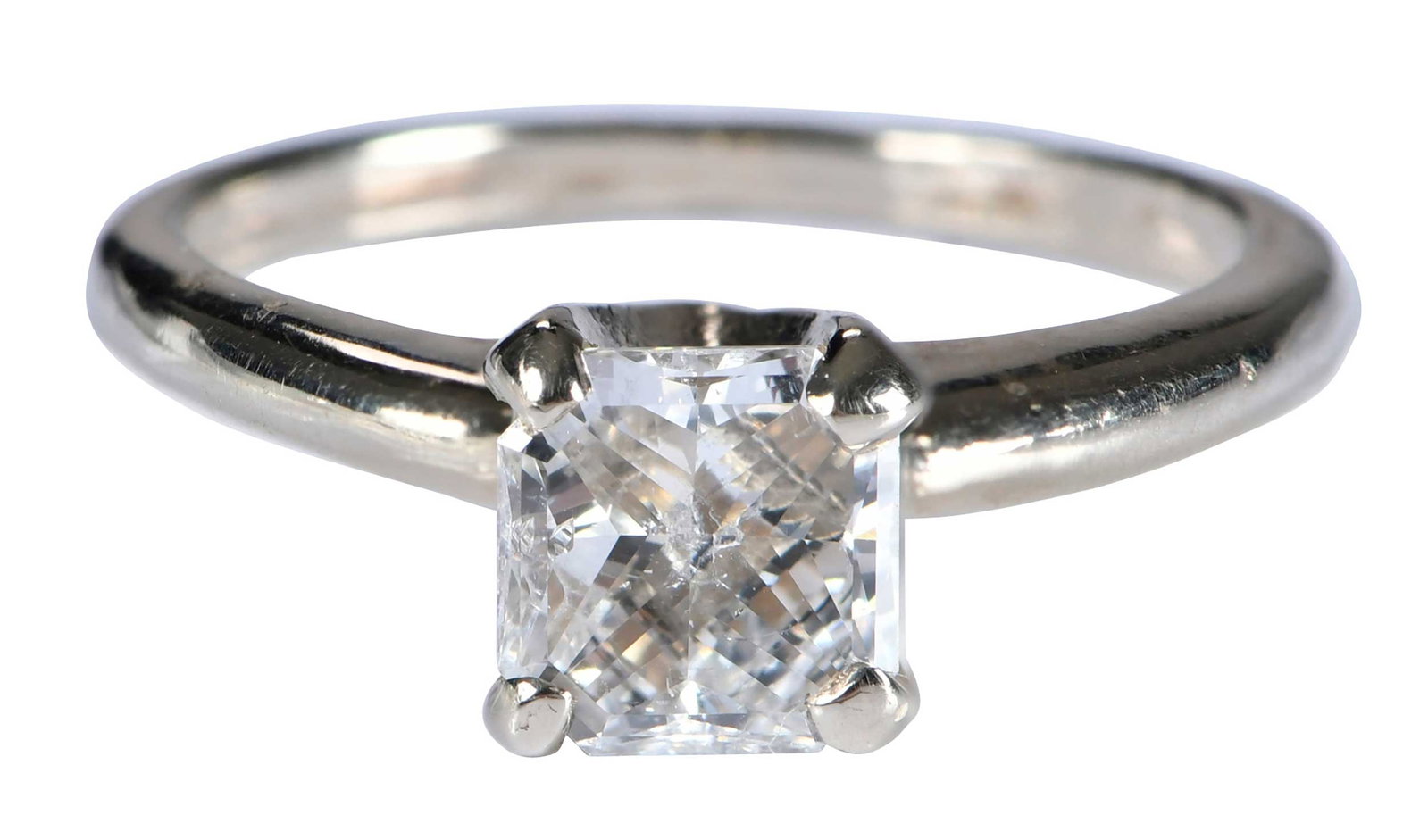 14kt. Solitaire Square Radiant Diamond Ring: radiant cut diamond, approx.1.00ct., SI, H-I, marked "14K", white gold, 5-1/2 ring sz., 3.4 g Provenance: Estate of Linda Sargent Thompson, Historic Sesame Lodge, North Augusta, South Carolina Note: D