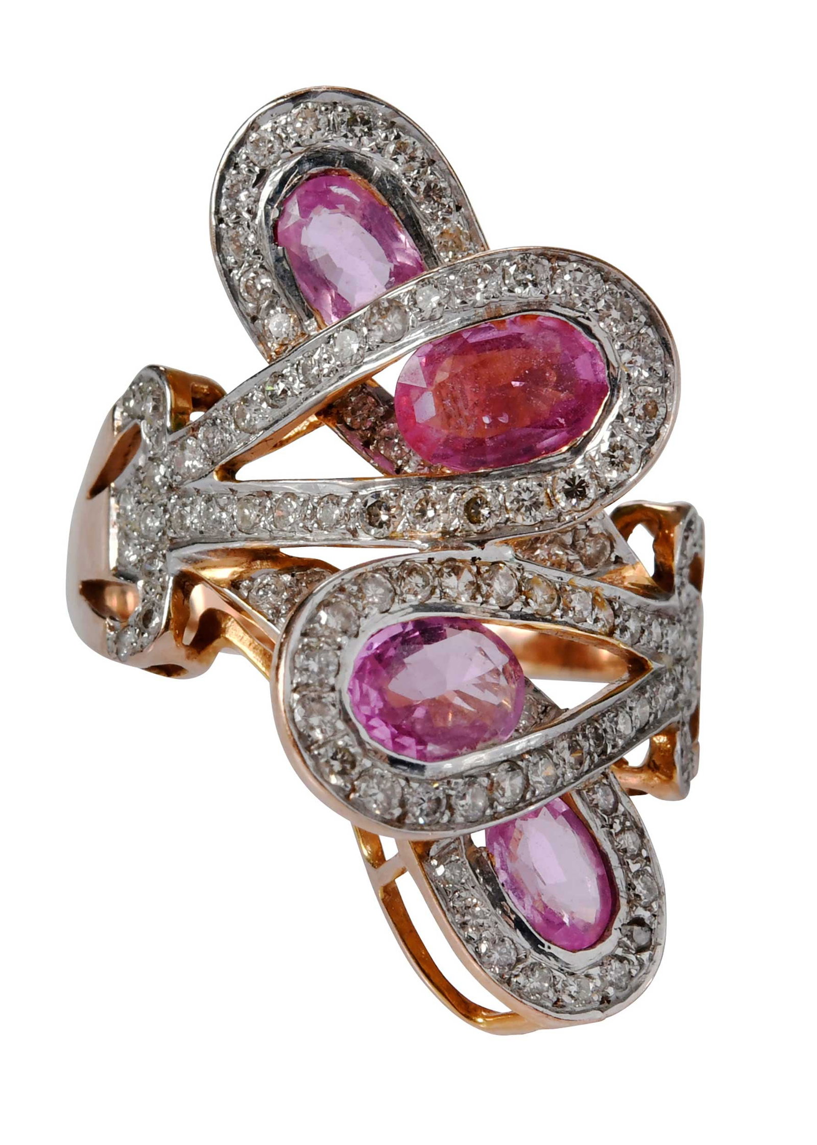 14kt. Butterfly Style Pink Sapphire and Diamond Cocktail Ring: four oval mix cut pink sapphires, approx. 2.00ctw., round faceted diamonds, approx. 1.30ctw., marked "585K", rose gold, 9-1/2 ring sz., 1-1/4 in. width at widest, 8.3 g Provenance: Private Collection,