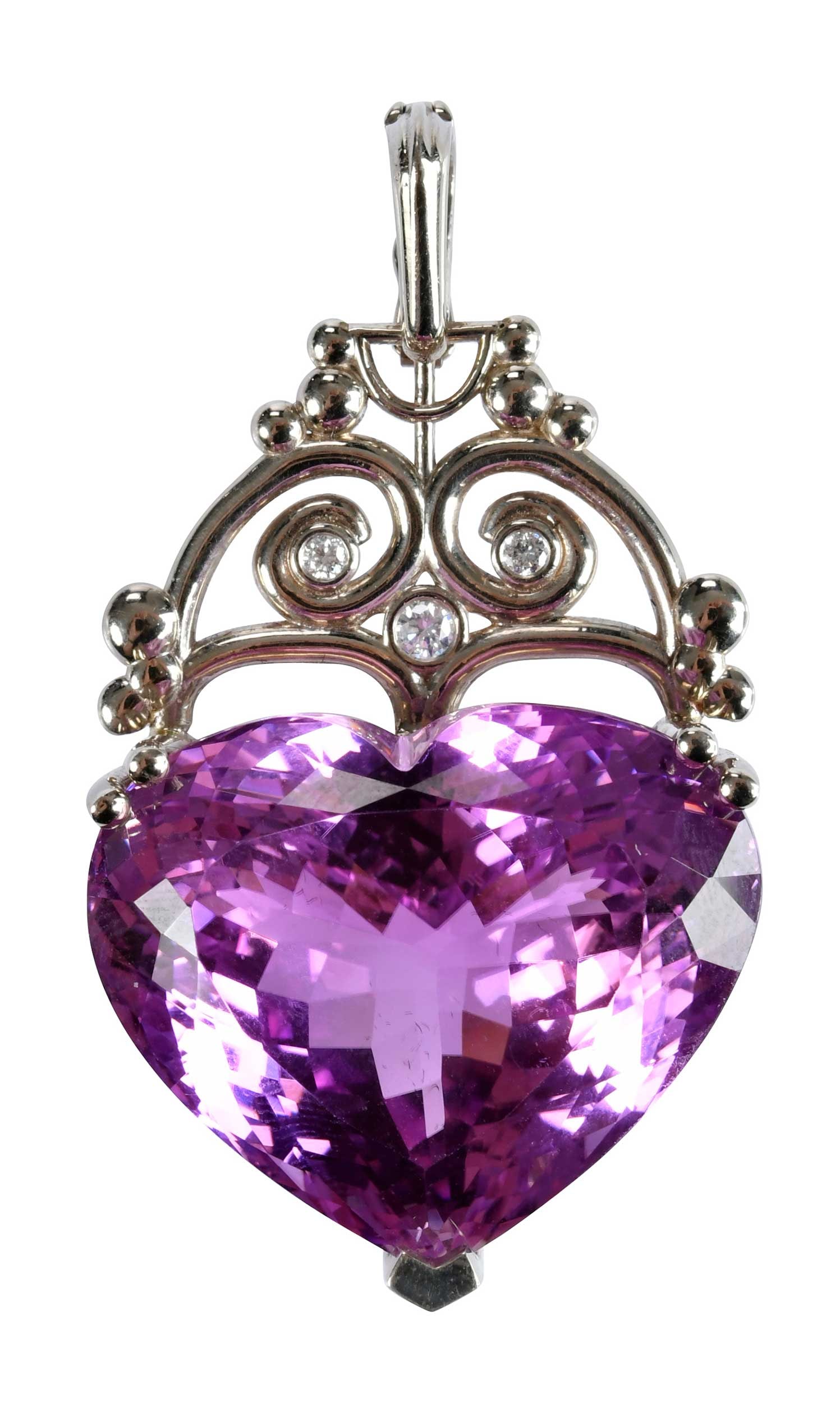 14kt. Large Kunzite and Diamond Pendant: heart shape faceted kunzite, approx. 76.25ct., three round faceted diamonds, approx. 0.15ctw., marked "14K", white gold, 2 x 1 in. overall design, 30.1 g Provenance: Private Collection, Virginia Beach
