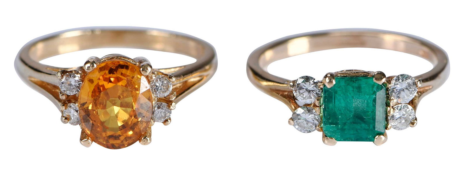 Two 14kt. Gemstone and Diamond Fashion Rings, Emerald and Topaz: square step cut emerald, approx. 1.10ct., flanked by four round brilliant cut diamonds, approx. 0.30ctw., VS, H-J, marked "14K", yellow gold, 6-1/4 ring sz.; oval brilliant cut golden topaz, approx. 1