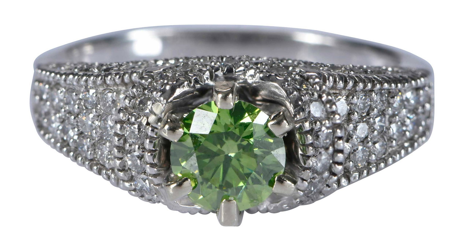 14kt. Green Moissanite Center and Diamond Accented Ring: round full cut moissanite, approx. 0.80ct., mounting is accented with pave set, round full cut diamonds, marked "14k", white gold, 7-1/2 ring sz., 6.2 g Provenance: Estate of Linda Sargent Thompson, h