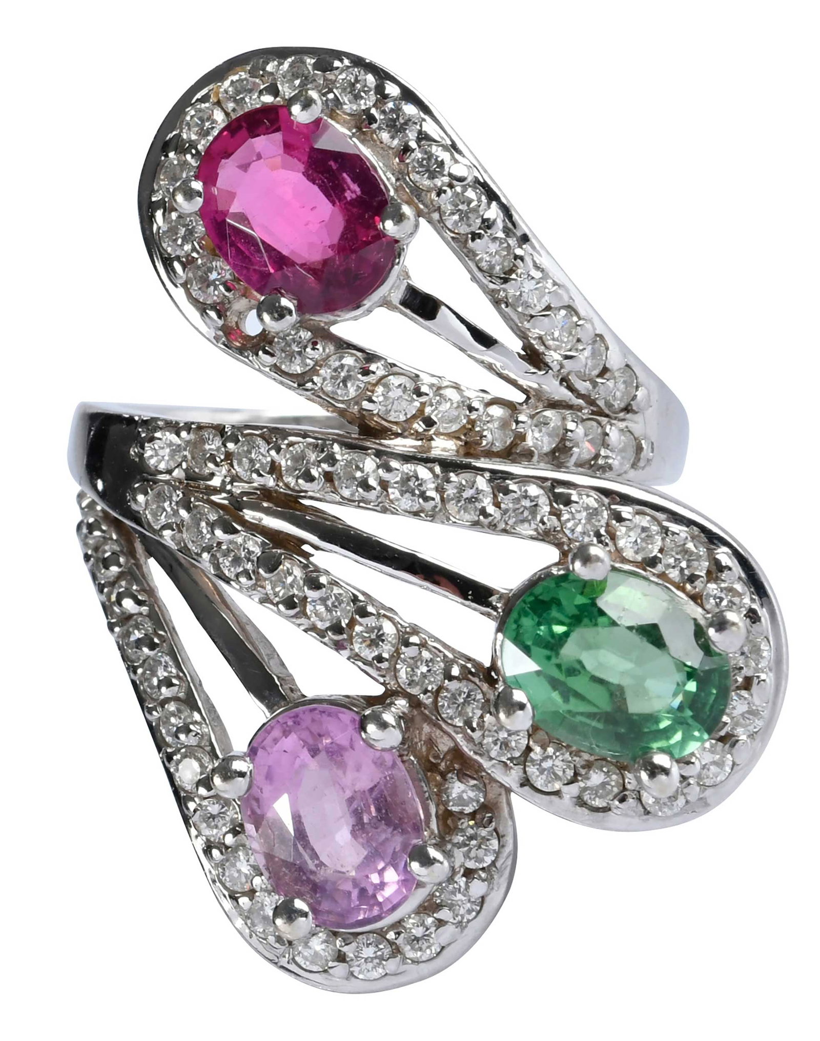 14kt. Three Tourmaline and Diamond Bypass Ring: three oval faceted tourmaline, approx. 1.07ct, 1.56ct., and 1.57ct., 68 round faceted diamonds, approx.1.50ctw., marked "14K", white gold, 9-1/4 ring sz., 15.0 g Provenance: Private Collection, Virgin