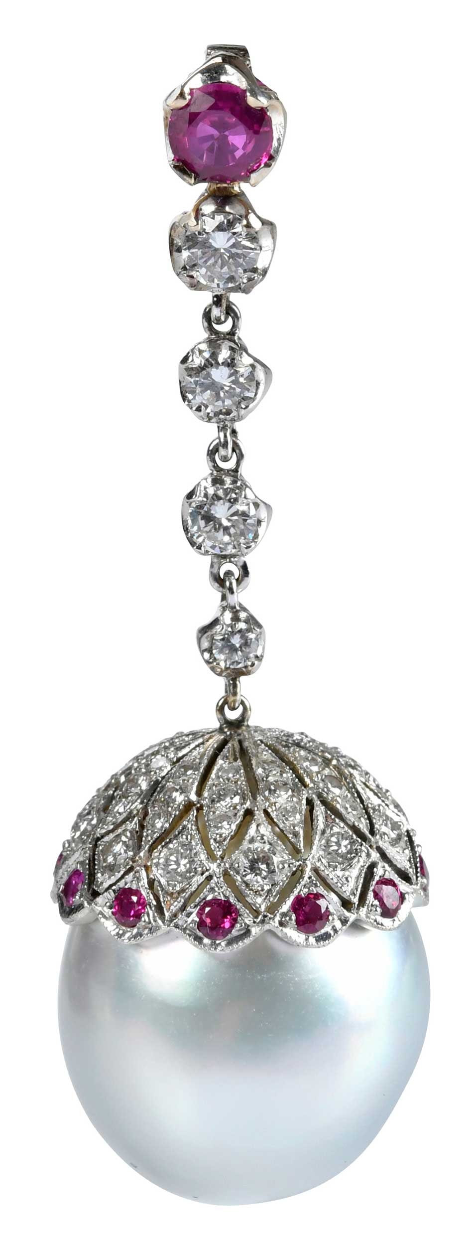 18kt. Pear Shape Pearl Drop Pendant Accented with Diamonds and Rubies: one cultured saltwater silver pearl, approx. 17.50mm, GIA # 1102452377, 52 round full cut diamonds, approx. 1.50ctw., 13 round full cut rubies, 0.63ctw., tests 18kt. white gold, top two settings 14kt.