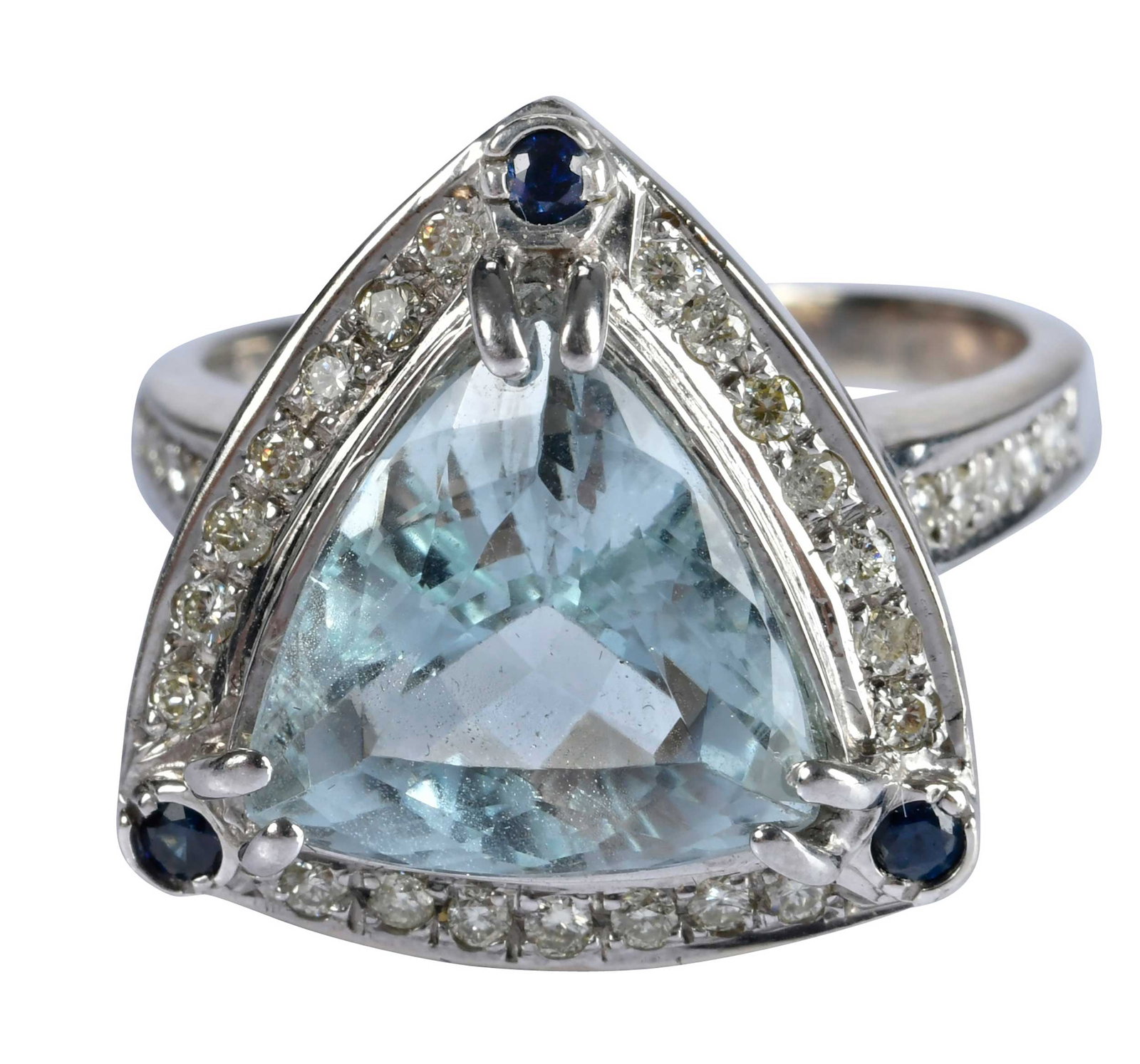 14kt. Trillion Cut Aquamarine, Diamond and Blue Sapphire Ring (1 of 7)