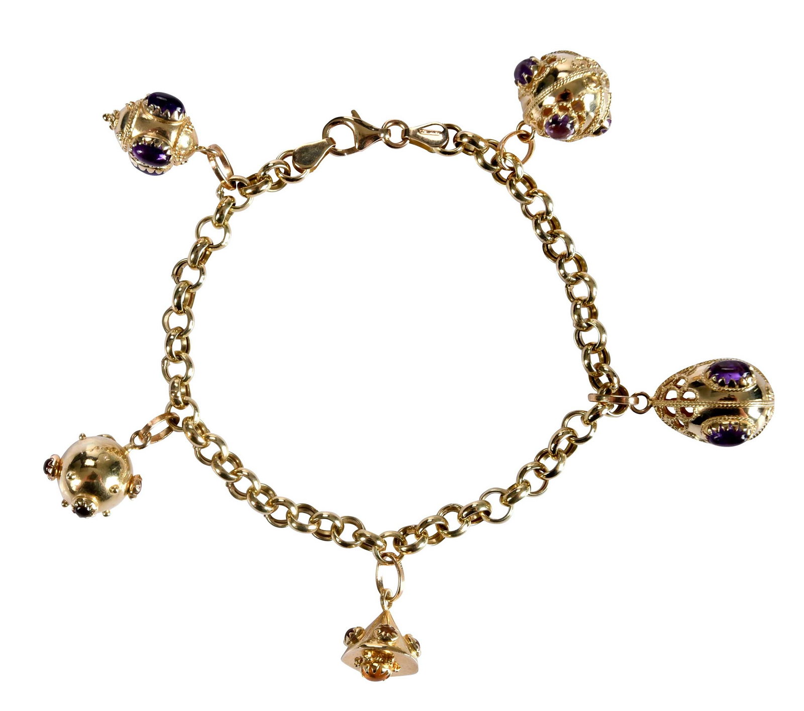 14kt. Charm Bracelet with Five Fob Charms: three fob charms with amethyst cut cabochons, one fob charm with garnet cut cabochons, and one fob charm with citrine cut cabochons, curb link, 7-3/4 in. length, marked "14kt Italy, 585", yellow gold,