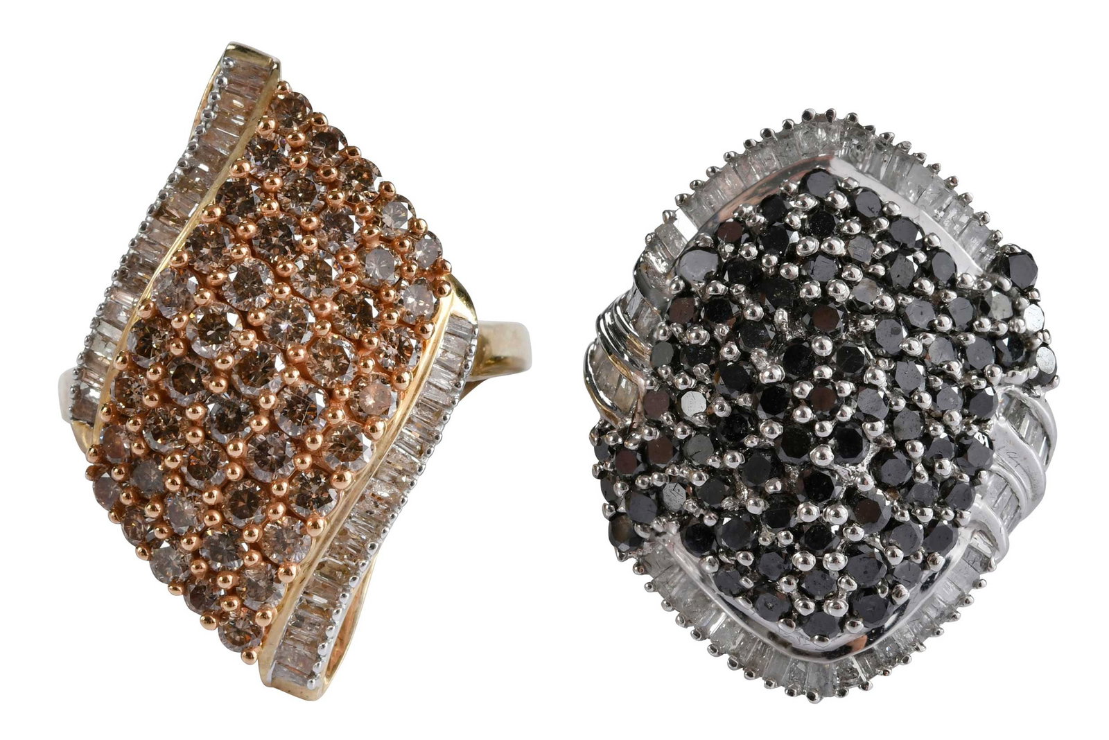 Two 10kt. Fancy Colored and White Diamond Cluster Rings: Provenance: Private Collection, Virginia Beach comprising: white tapered and straight baguette cut diamonds, SI-I, I-L, black round faceted cut diamonds, champagne round faceted cut diamonds, both mar