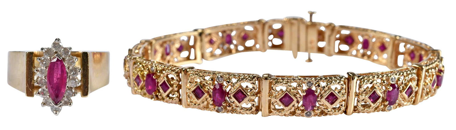 14kt. Ruby and Diamond Filiigree Panel Bracelet and Ring: 11 oval faceted rubies, 22 square step cut rubies, approx. 5.30ctw., accented 22 faceted diamonds, marked "14k", yellow gold, 8 in. length, 9.0mm width, 29.0 g; marquise cut ruby, approx. 0.50ct., 14 