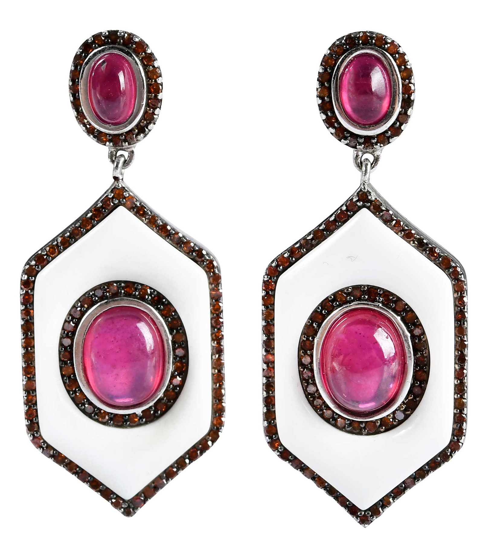 Sterling Silver Art Deco Style Enamel, Ruby and Orange Sapphire Drop Earrings: four oval cabochon cut rubies, accented by round brilliant cut orange sapphires, marked "925, MLD,TH", sterling silver, post backs, 1-3/4 in. length, 20.6 g Provenance: Private Collection, Virginia Be
