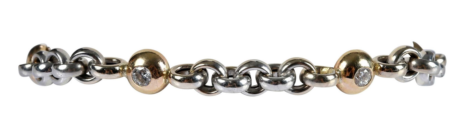 14kt. Two Tone Diamond Bezel Set Bracelet: five round faceted diamonds, approx. 1.00ctw., VS, F-H, alternating rolo link chain, marked "14Kt" ITALY", yellow and white gold, 8-1/4 in. inside measurement, 13.9 g Provenance: Charlottesville, Virg