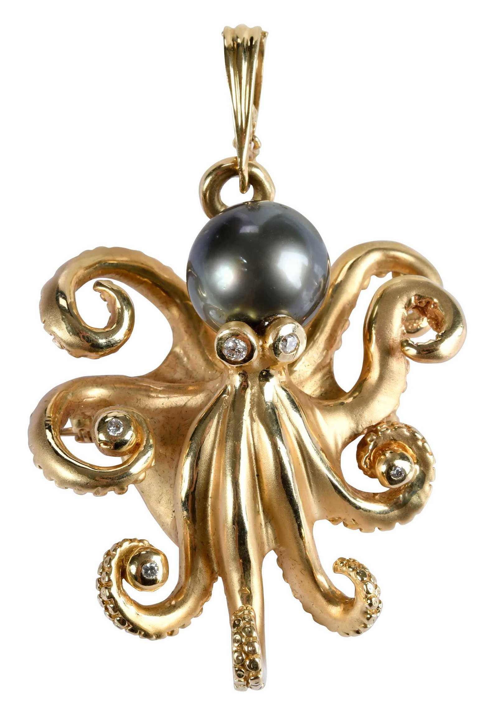 14kt. Tahitian Pearl and Diamond Octopus Brooch/Pendant: Tahitian cultured pearl, approx. 13.0 - 13.5mm, five round faceted diamonds, approx. 0.15ctw., SI, G-I, tests 14kt. yellow gold, 2 in. x 1-5/8 in., hinged bail, satin and high polish finish, 41.2 g Pr