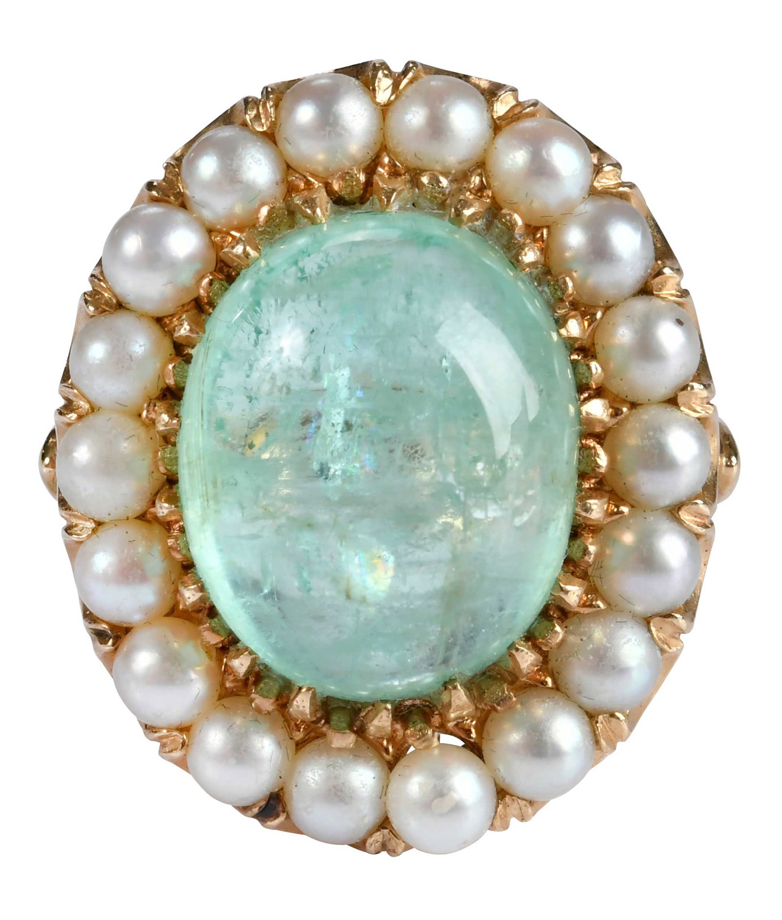 14kt. Cabochon Emerald and Pearl Halo Ring: oval cabochon cut emerald, approx. 12.25ct., 18 round pearls, approx. 3.0 - 4.0mm, marked "14K", yellow gold, 9-3/4 ring sz., 13.5 g Provenance: Private Collection, Virginia Beach Note: Brunk Auctions