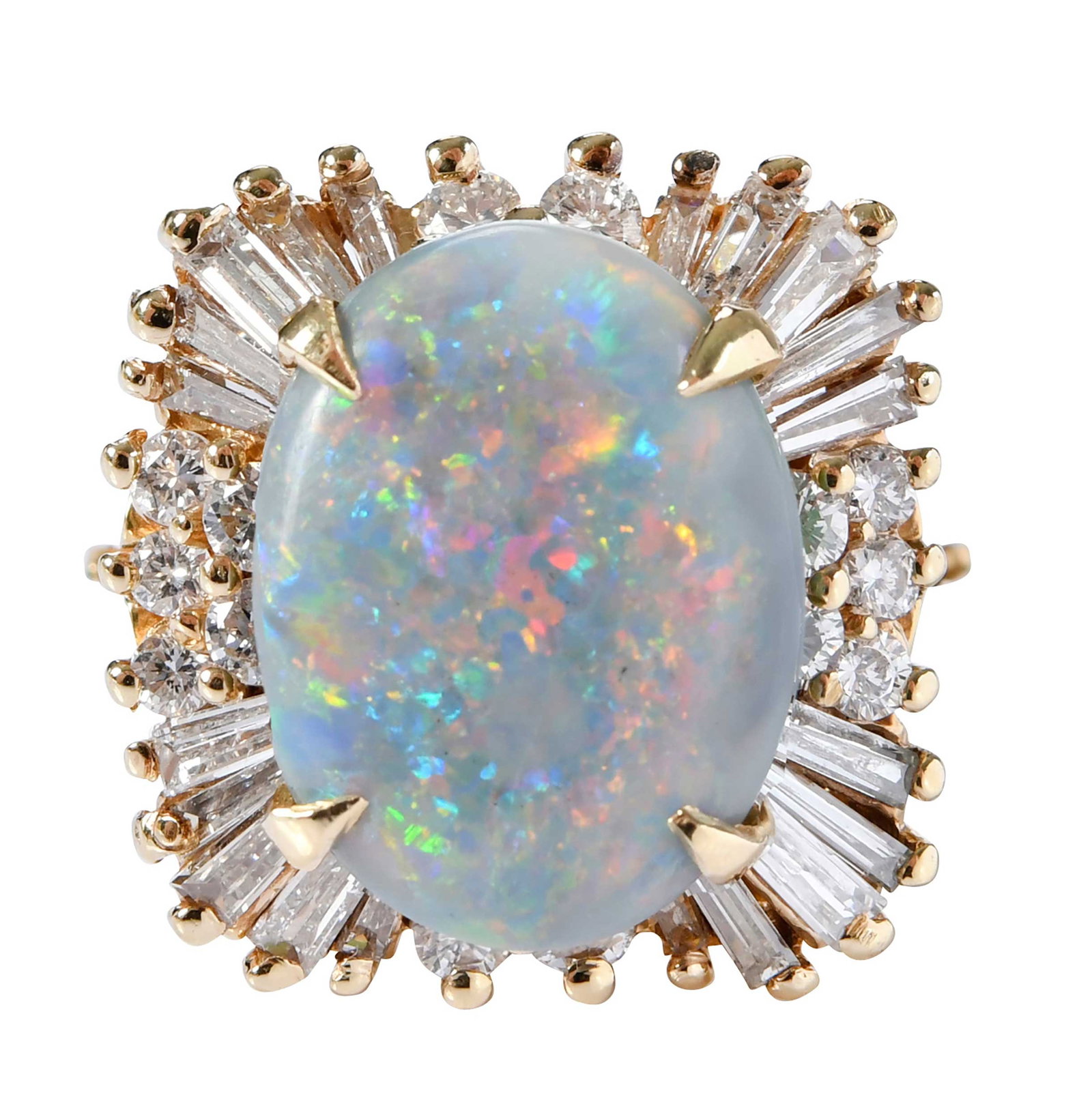 14kt. Opal and Diamond Ballerina Style Ring: oval cabochon cut opal, approx. 6.00ct., 14 round faceted diamonds, 20 straight and tapered baguette cut diamonds, approx. 1.75ctw., tests 14kt. yellow gold, 8-1/4 ring sz., 18.2 g Provenance: Private