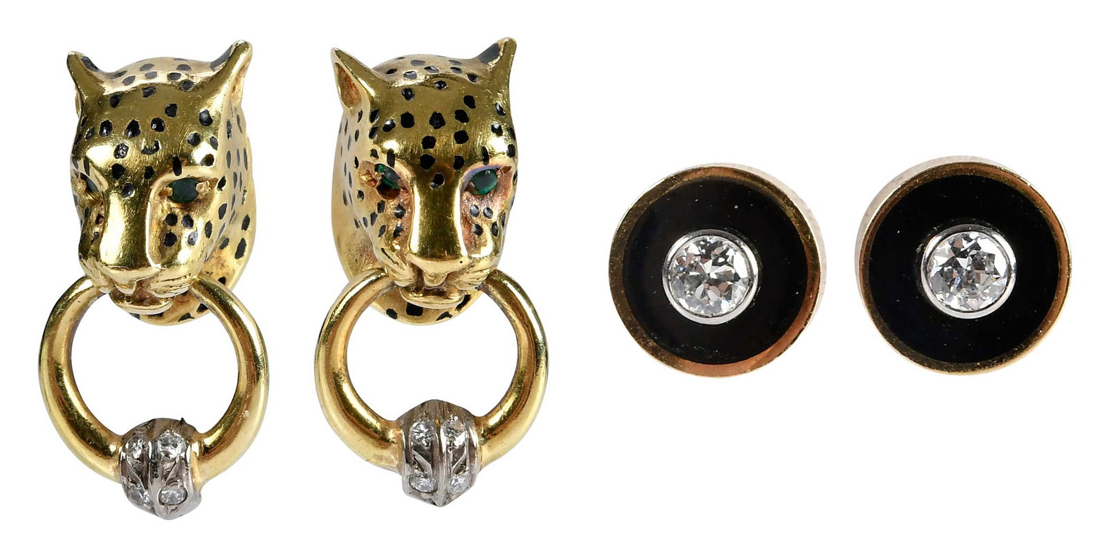 18kt. Leopard Door Knocker Earrings and Diamond Disc Earrings: black enamel spots, four round faceted emerald eyes, eight round faceted diamond accents, marked "18ct", yellow gold, omega post backs, approx. 7/8 in. length, 15.1 g; black enamel discs, two round fa
