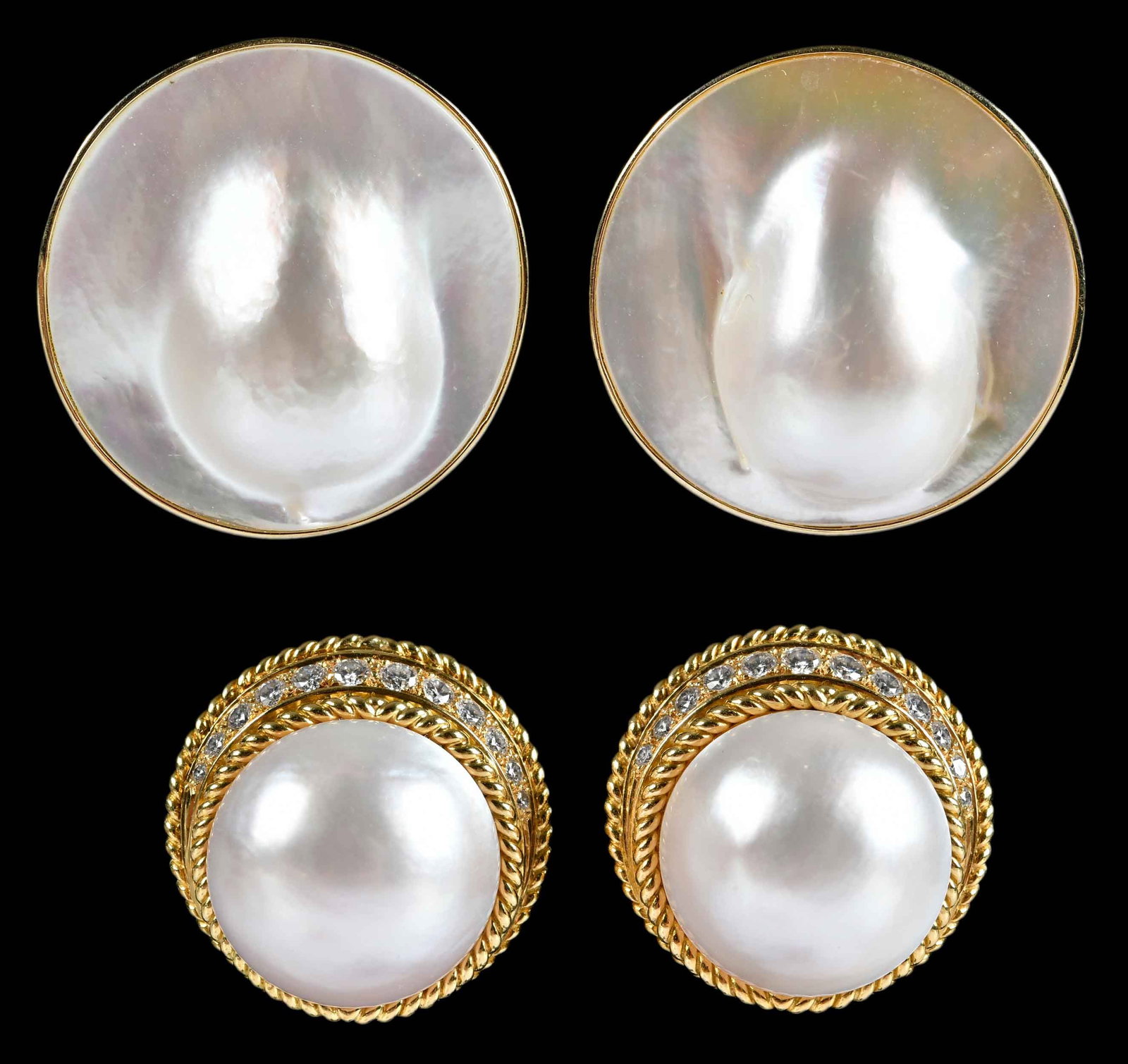 18kt. Mabe Pearl Diamond Earrings and 10kt. Blister Pearl Earrings: two mabe pearls, approx. 18.0 - 18.5mm, 24 round faceted diamonds, graduating in size, approx. 0.65ctw., marked "18K," yellow gold setting, "14k", yellow gold omega clip on backs, 25.0mm design diamet