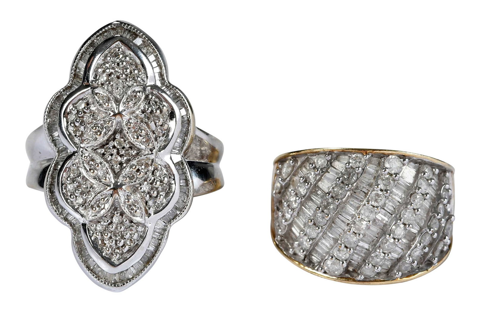 Two Gold Diamond Fashion Rings: full and single cut round faceted and baguette cut diamonds, I1-I2, H-J; cigar style, marked "10k, KPJ", yellow and white gold, 8-1/2 ring sz., 5.8 g; art deco style, tests 14kt. white gold, 9 ring sz