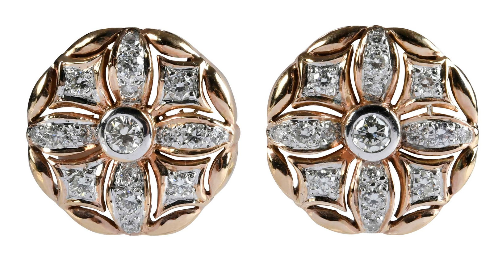 14kt. Open Work Diamond Button Earrings: center two round faceted diamonds, approx. 0.30ctw., accented round faceted diamonds, tests 14kt. yellow gold, 19.0mm diameter, 10.0 g Provenance: Private Collection, Virginia Beach Note: Brunk Auctio
