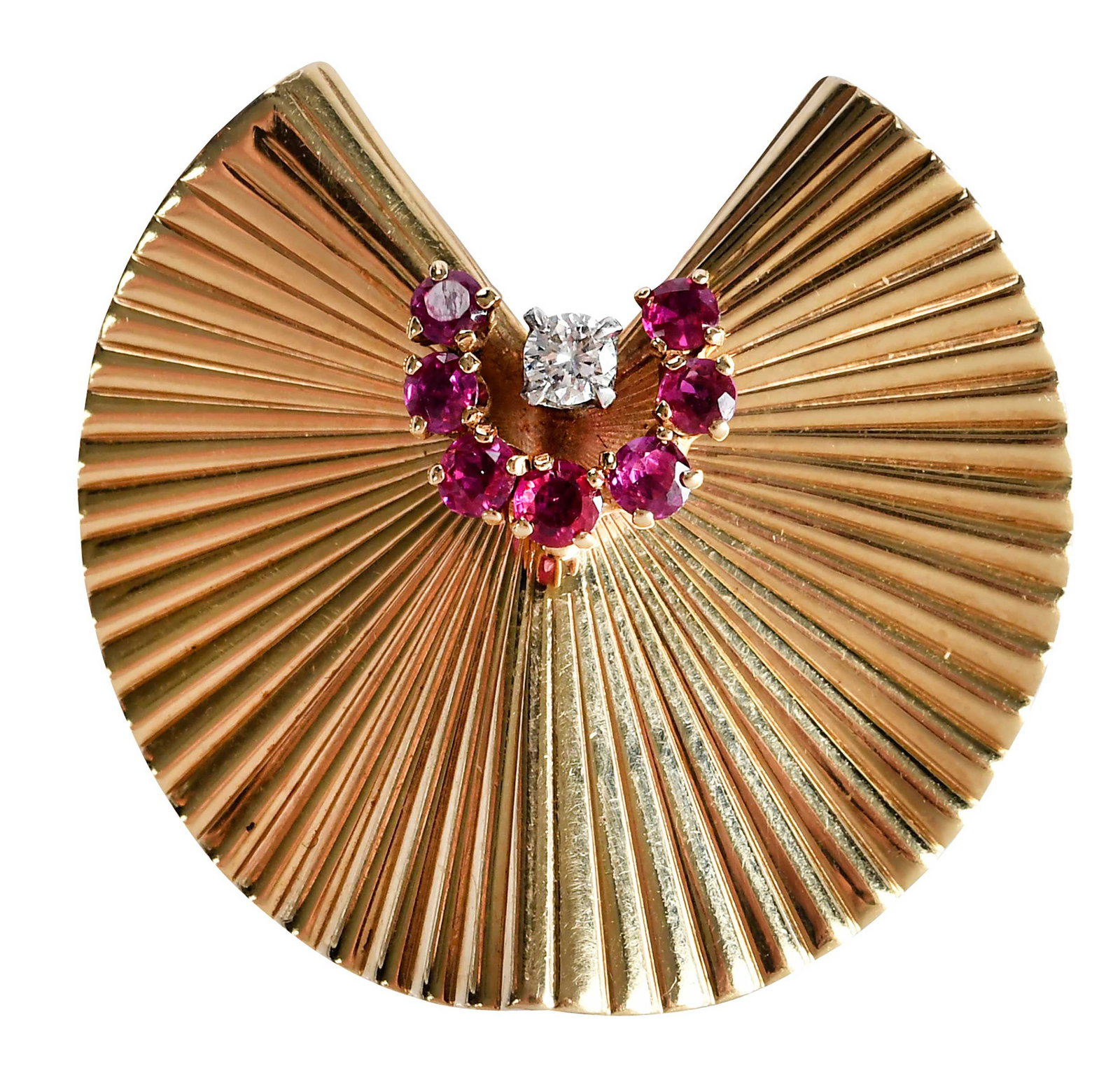 14kt. Tiffany & Co. Fluted Ruby and Diamond Brooch: seven round faceted rubies, one round faceted diamond, marked "14KT, TIFFANY & Co," yellow gold, 1-1/8 in. x 1-1/4 in., fur clip, 5.7 g Provenance: Private collection Note: Brunk Auctions makes no war