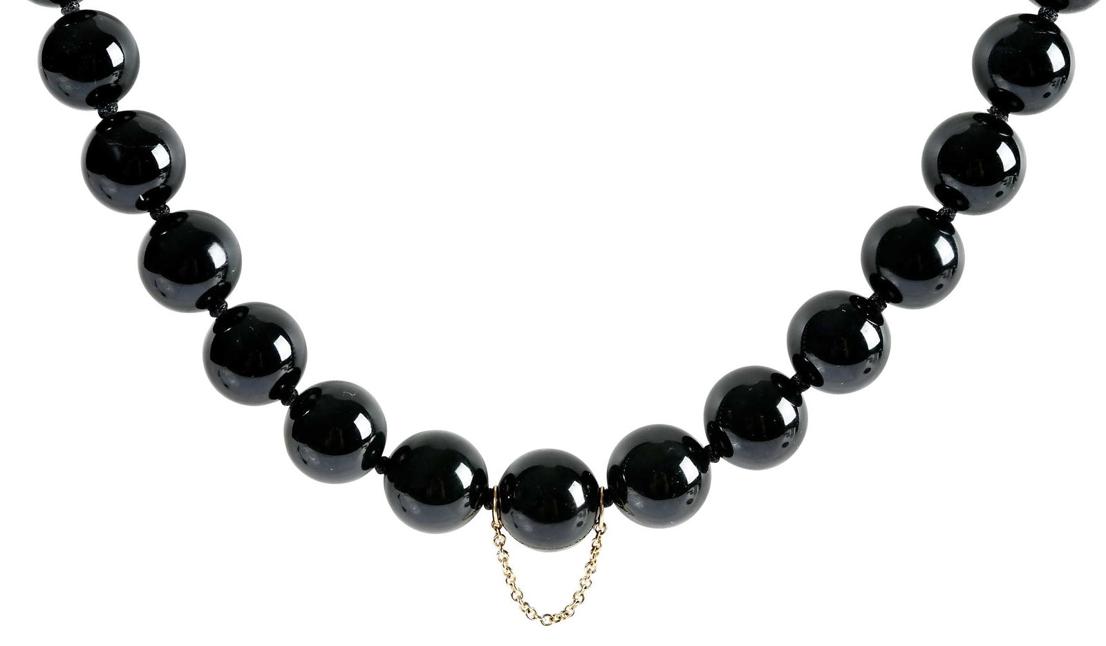 14kt. Black Onyx Single Strand Bead Necklace: 14 round faceted diamonds, approx. 0.25ctw., knotted onyx beads, approx. 11.5mm - 12.5mm, marked "14K, 585", yellow gold, 20 in. length, 103.2 g Provenance: Charlottesville, Virginia Collection Note: 