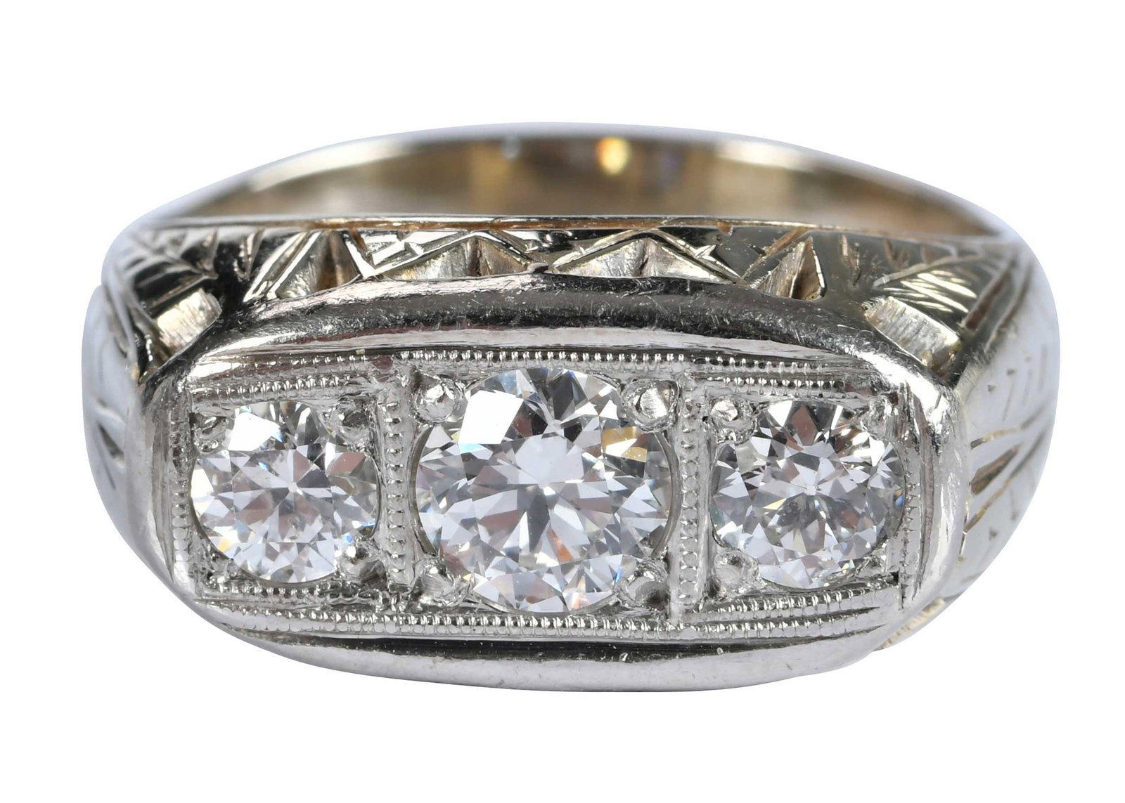 14kt. Art Deco Three Diamond Ring: three transitional cut diamonds, approx. 0.60ct., 0.25ct, 0.30ct., VS-SI, H-I, marked "14k", white gold, 9-1/2 ring sz., 11.1 g Note: Accompanied by an appraisal report dated November 17, 2025. Brunk 