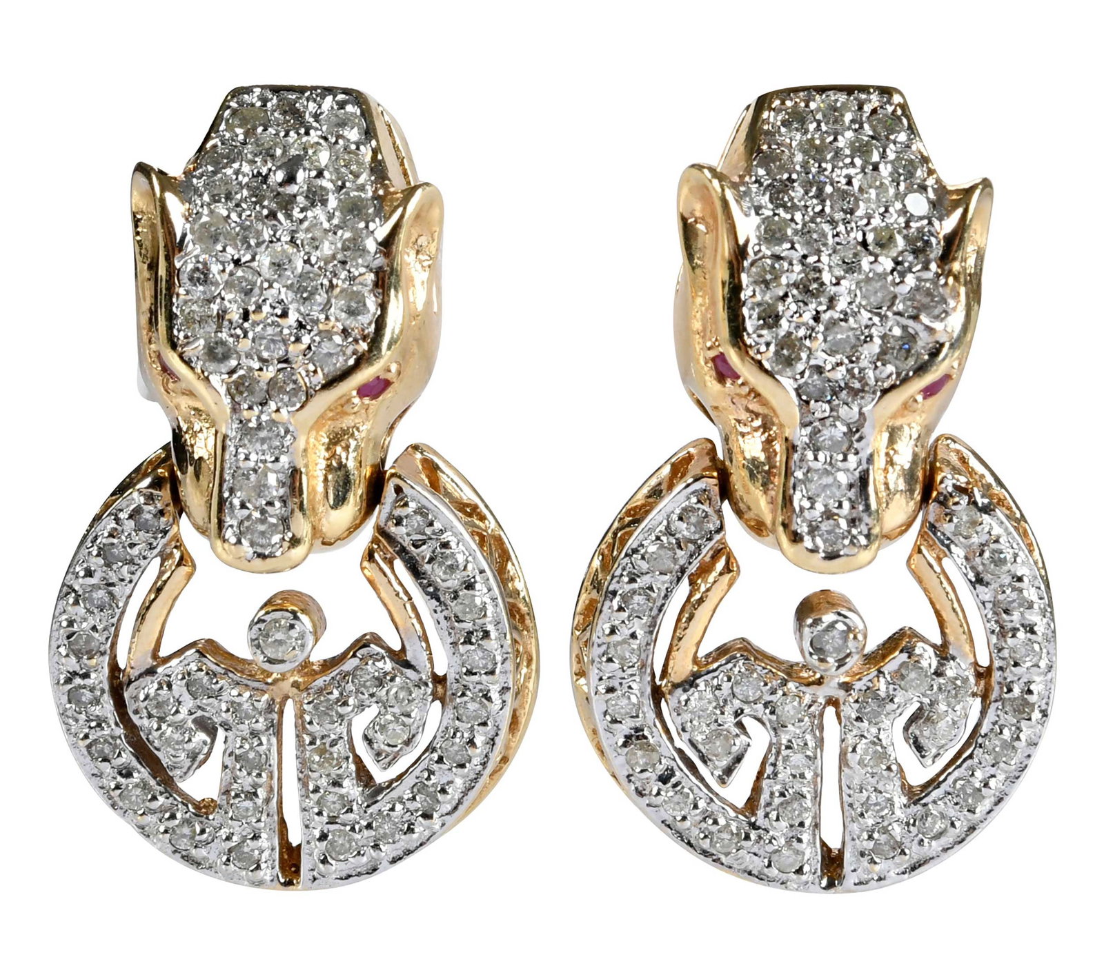 14kt. Panther Door Knocker Style Diamond and Ruby Earrings: four round faceted ruby eyes, 60 round faceted diamonds, approx. 2.00ctw., marked "14K", yellow gold, 1-1/4 in. length, post backs, 21.7 g Provenance: Private Collection, Virginia Beach Note: Accompan