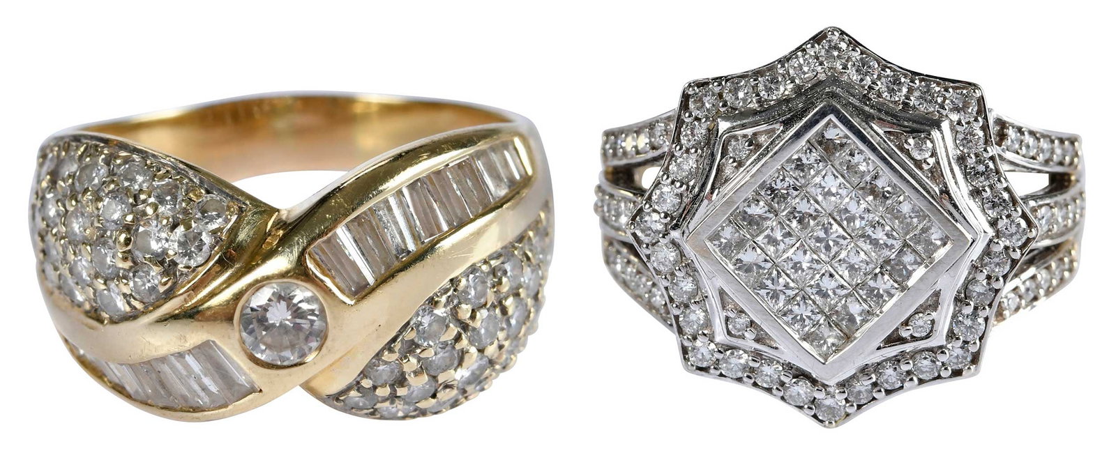 Two 14kt. Diamond Fashion Rings: center round faceted cut diamond, approx. 0.20ct.,one row of straight and tapered baguette cut diamonds, accented by round faceted cut diamonds, marked "14K, PSN, 175 ", yellow gold, 9-1/2 ring size, 