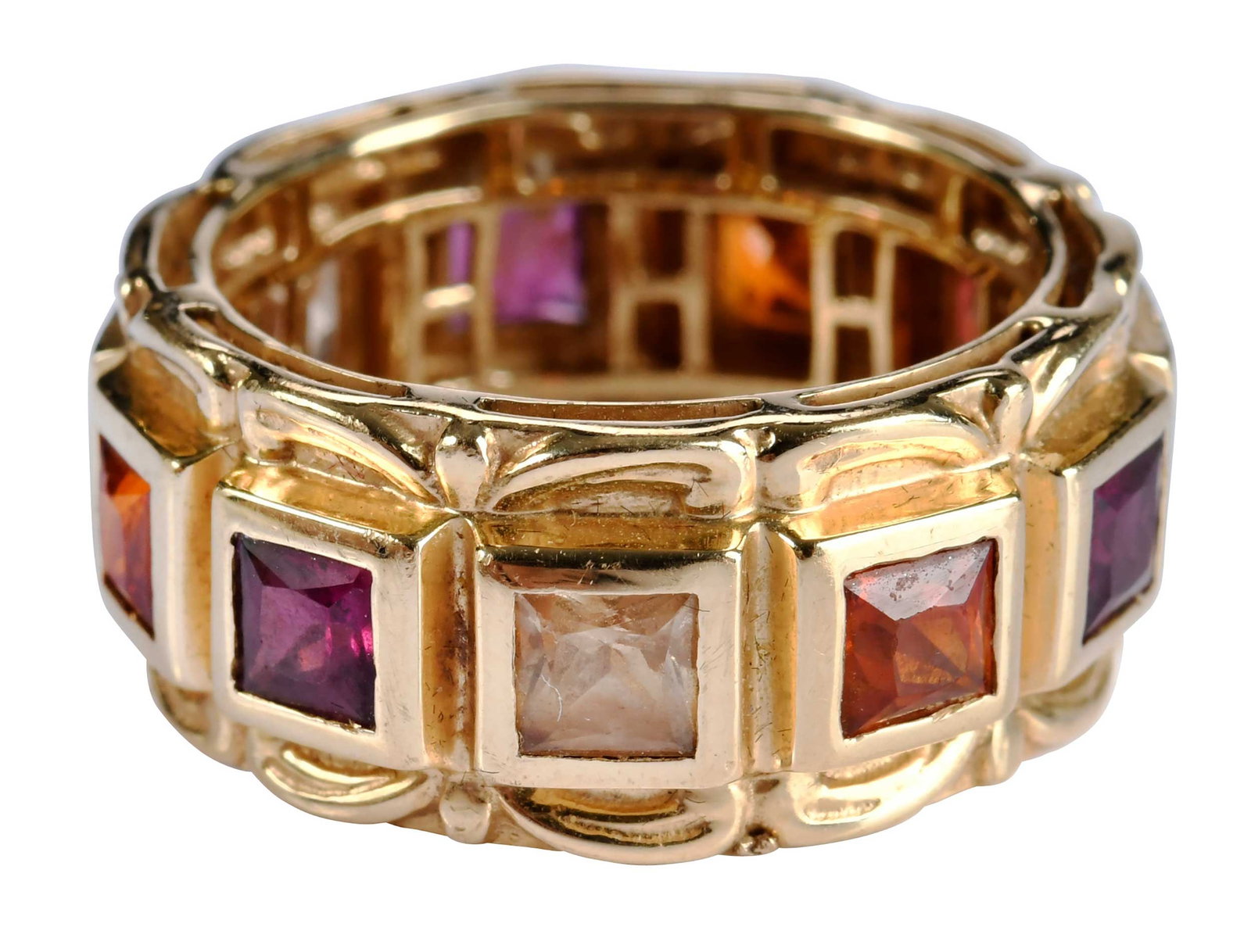 14kt. Multi Colored Tourmaline Eternity Band: 11 princess cut tourmalines, approx. 3.80ctw., marked "14K, SR", yellow gold, 8-3/4 ring sz., 10.0mm width, 10.6 g Provenance: Private Collection, Virginia Beach Note: Brunk Auctions makes no warranty