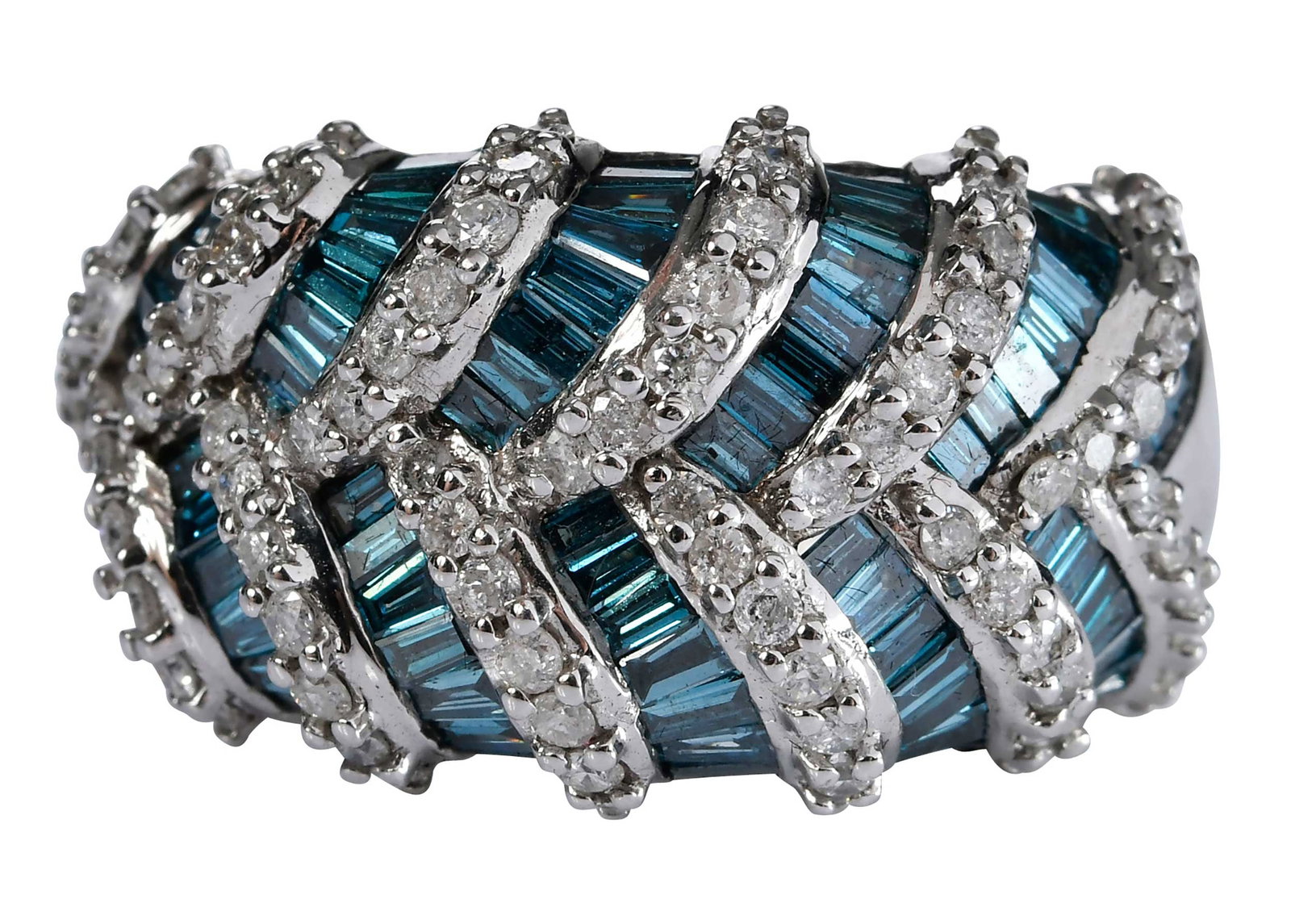 14kt. Domed Woven Blue and White Diamond Band: alternating chevron, 76 round faceted diamonds, approx. SI-I, H-J, 83 irradiated blue baguette cut diamonds, approx. 2.75ctw., marked "14k, CJ", white gold, 9 ring sz., 15.0mm width at widest, 13.0 g 
