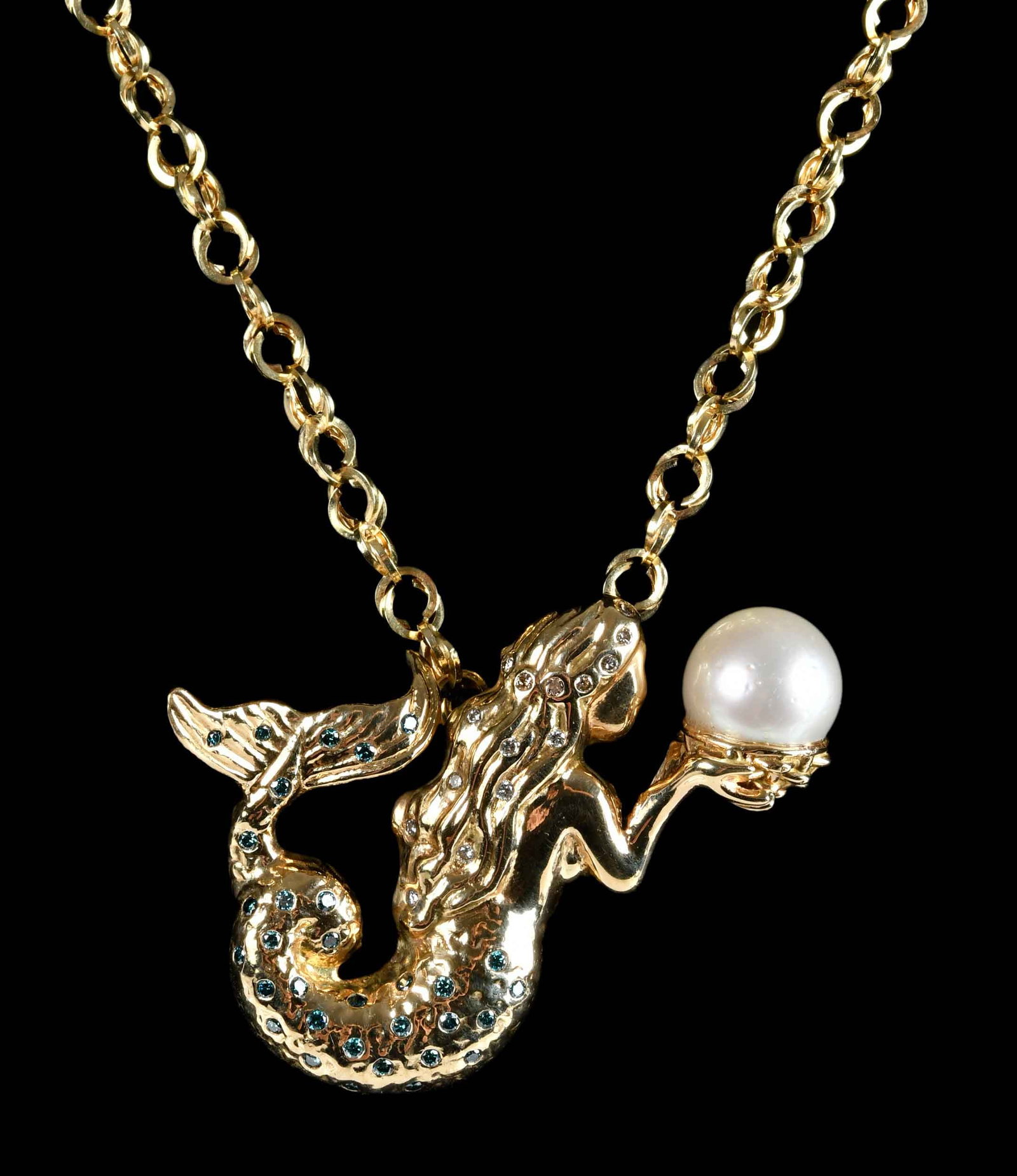 14kt. White Pearl and Diamond Custom Mermaid Pendant on Chain: round cultured South Sea pearl, approx. 13.0 - 13.5mm, 45 round faceted diamonds, VS-SI, champagne, greenish blue, and G-H, approx. 1.20ctw., tests 14kt. yellow gold, 2-1/8 in. x 2 in., hinged clip ba