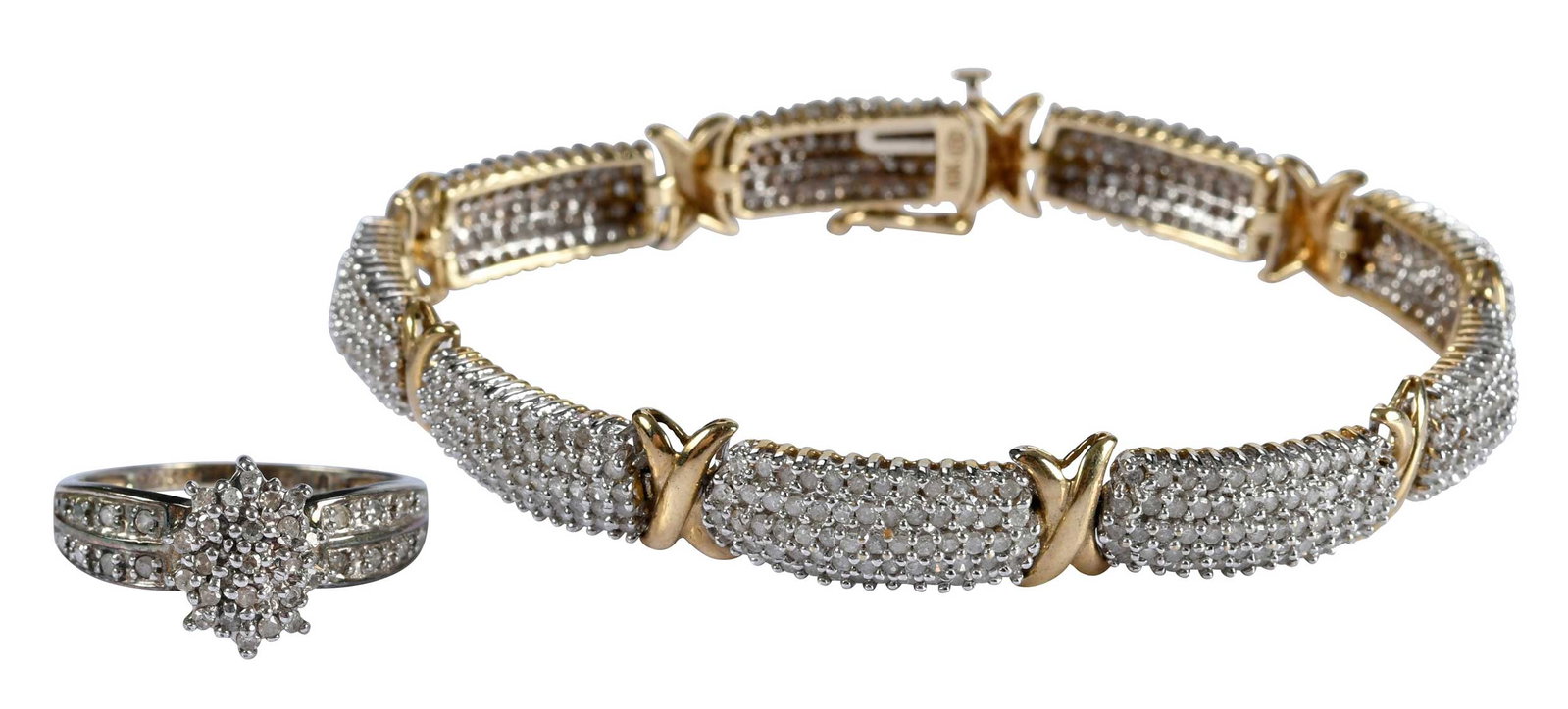 10kt. Diamond Bracelet and Ring Suite: round faceted diamond links, white gold, alternating with yellow gold "X" links, marked "10K", 7-1/4 in. length, 8.0mm wide, 15.4 g; round faceted diamond cluster, split diamond shank, "10K", 8 ring s