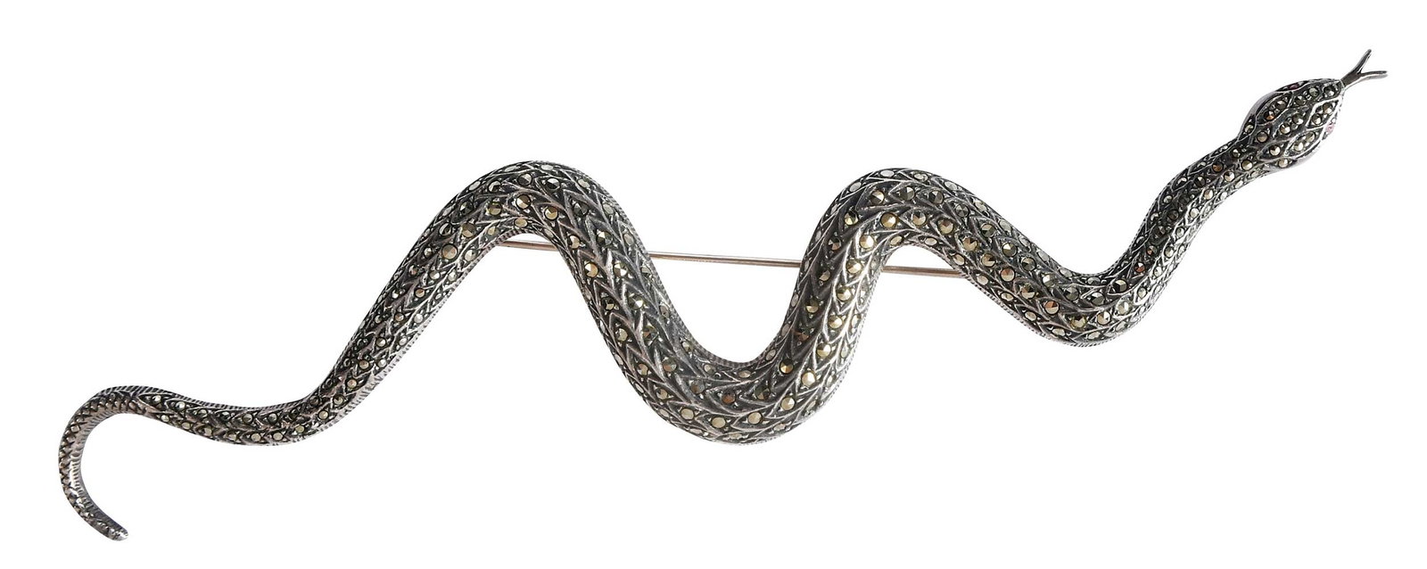 Large Sterling Marcasite Snake Brooch: texture finish, accented with round marcasite, two round faceted rubies for eyes, marked "STERLING", sterling silver, 6-1/2 in. length, 32.3 g Provenance: Charlottesville, Virginia Collection Note: Br