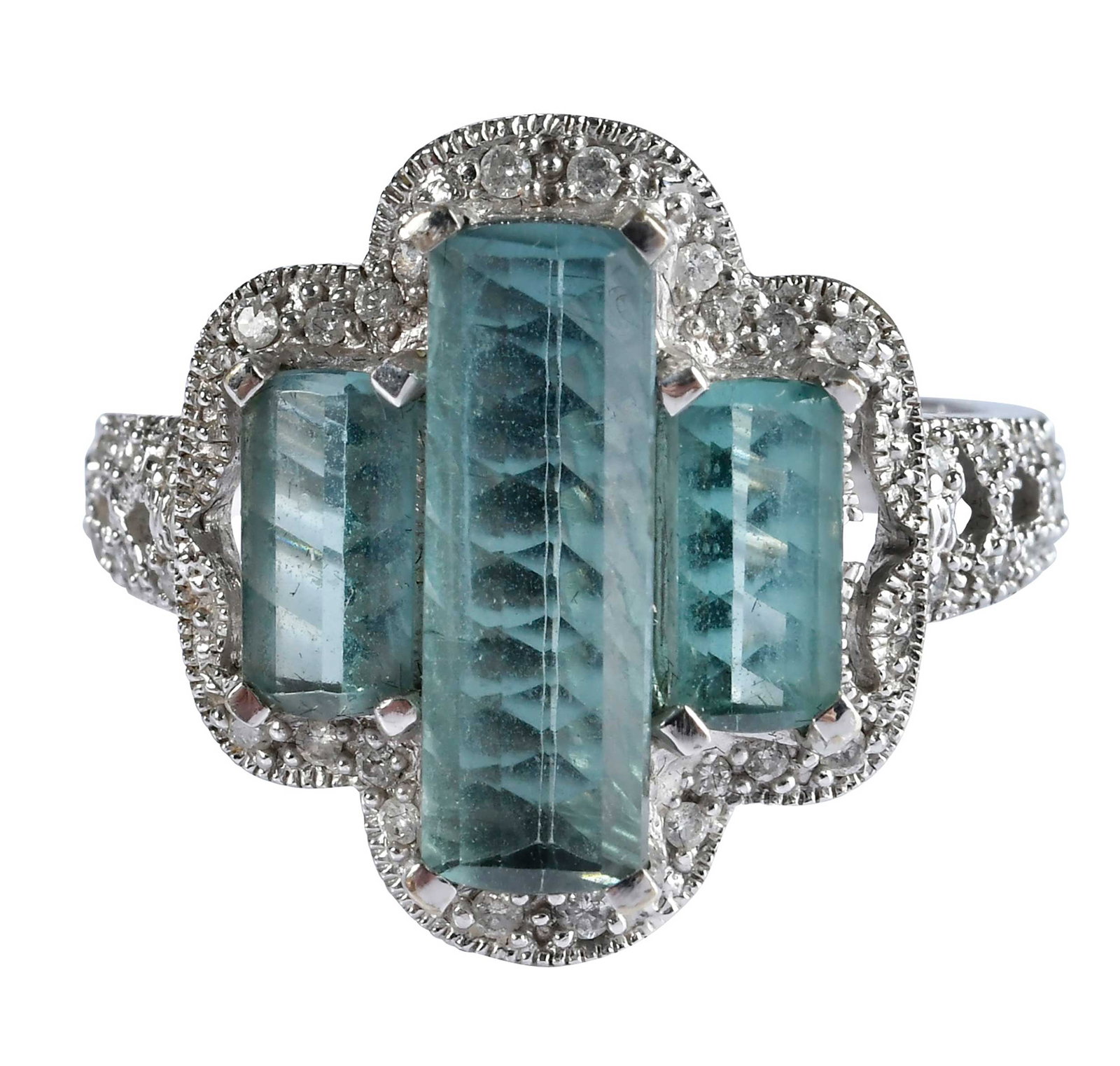 14kt. Three Fancy Cut Toumalines and Diamond Ring: three fancy cut light blue tourmalines, round faceted diamonds, approx. 0.25ctw., marked "1K, TAL", white gold, 9-1/4 ring sz., 19.0mm width at widest, 6.5 g Provenance: Private Collection, Virginia B