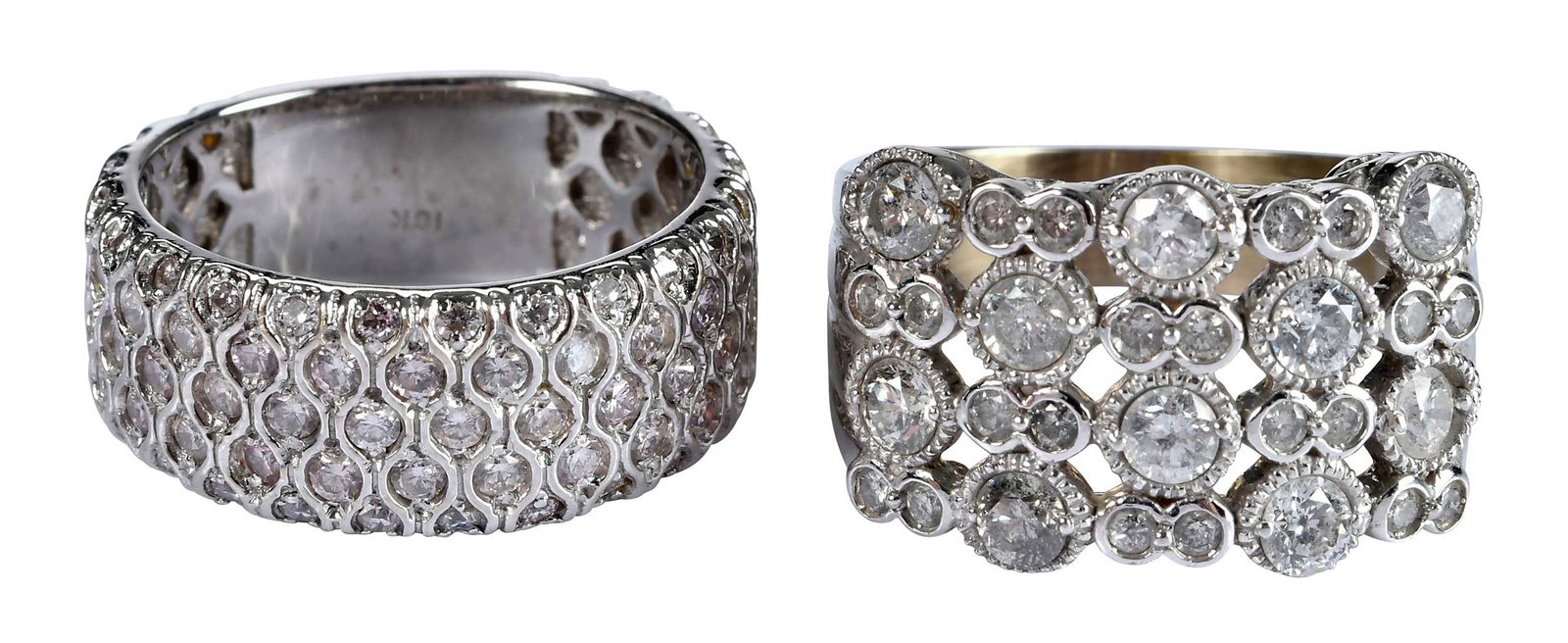 Two White Gold Diamond Rings: diamond band, full cut round faceted diamonds, SI-I, H-J, marked "18k", white gold, 9-1/2 ring sz., 9.0mm wide, 9.9 g; cigar style, full cut round faceted diamonds, SI-I, H-J, tests 14kt. white gold, 