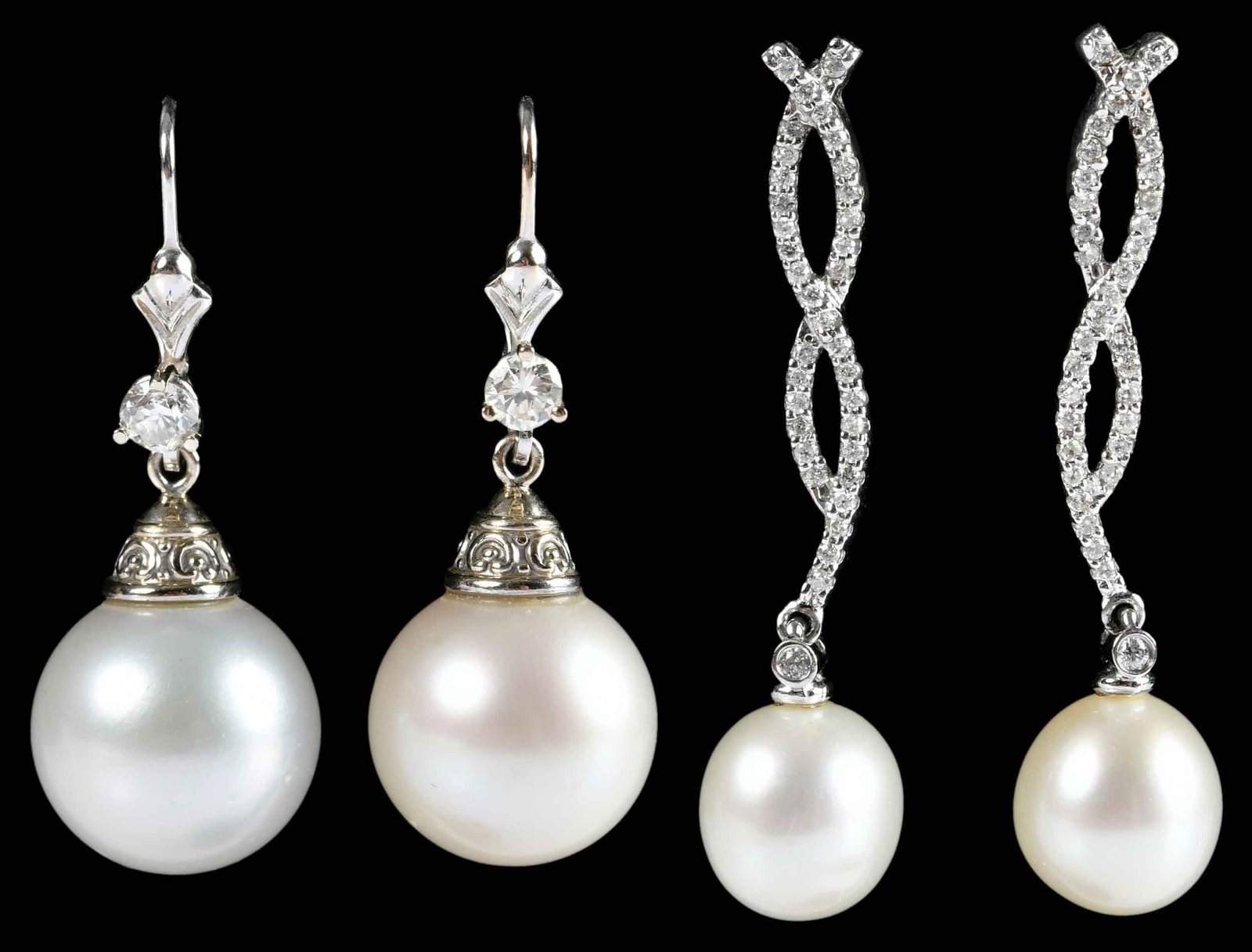 Two 14kt. Pearl and Diamond Drop Earrings: two round faceted cut diamonds, approx. 0.50ctw., two round cultured pearls, approx. 15.5 - 16.0mm, marked "14K", white gold, 1-1/2 in. length, 15.6 g; round faceted cut diamonds, two pearl shape pear