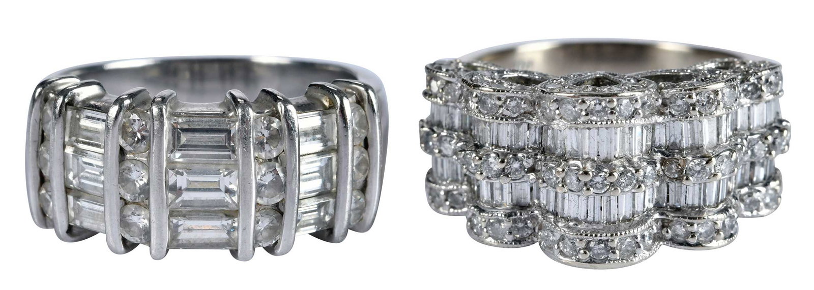 Two Baguette and Round Diamond Fashion Rings: 12 round faceted cut diamonds, nine straight baguette cut diamonds, tests platinum, 8-3/4 ring size, 9.0mm at widest area, 13.5 g; round faceted cut diamonds, two rows of channel set straight and tape